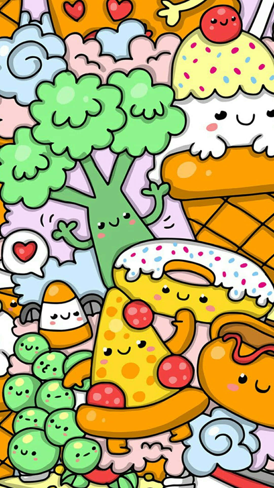 cartoon collage, smiling food items, tree with hearts, Full HD Phone Wallpaper