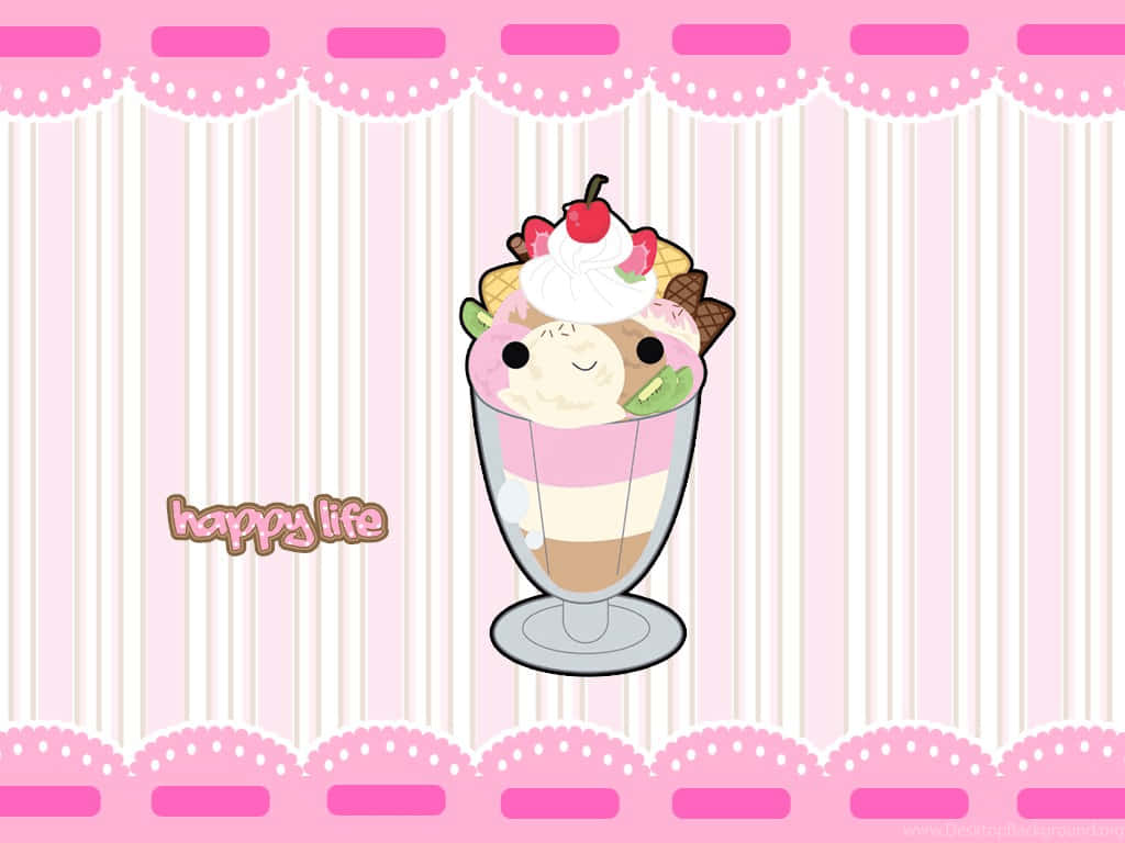 cute food, kawaii ice cream sundae, smiling face cherry kiwi, SD Desktop Wallpaper