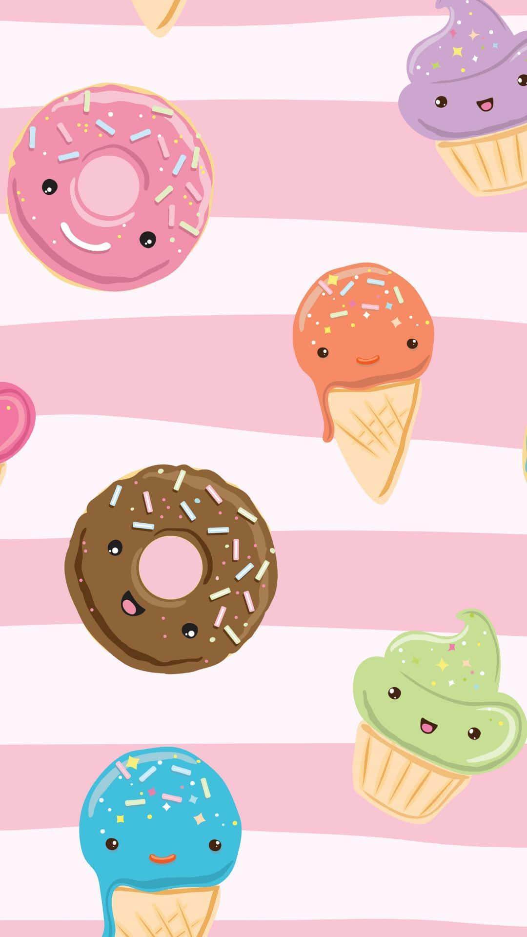 donuts, ice cream, pink and white stripes, Full HD Phone Wallpaper