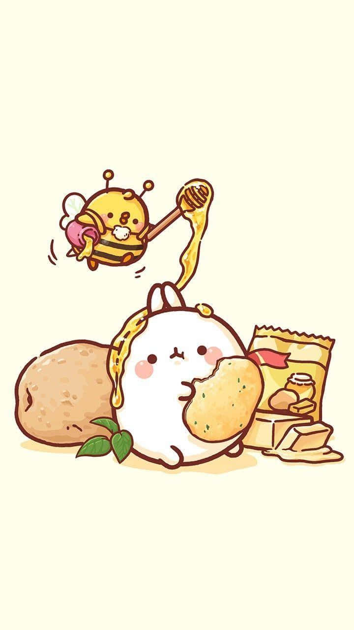cute cartoon bunny, potato chip, bee, HD Phone Wallpaper