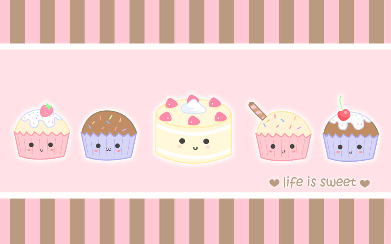 pink background, cupcakes, smiling faces, HD Desktop Wallpaper