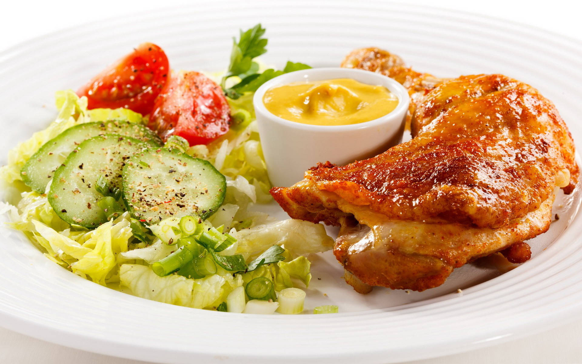 golden roasted chicken leg, crisp salad of lettuce cucumber tomato and green onions, creamy mustard sauce, Full HD Desktop Wallpaper