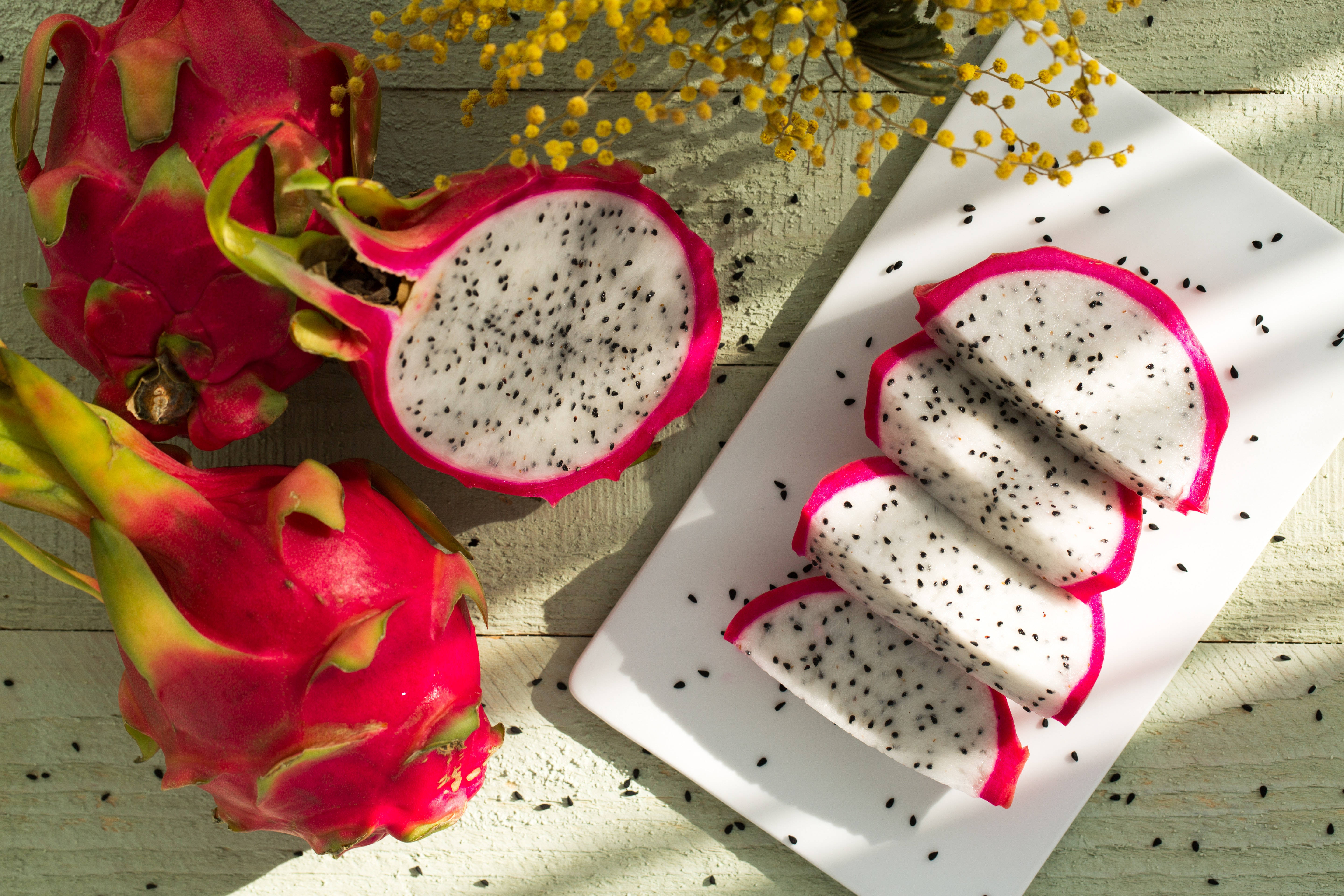 dragonfruit, sliced, white plate, 5K Desktop Wallpaper