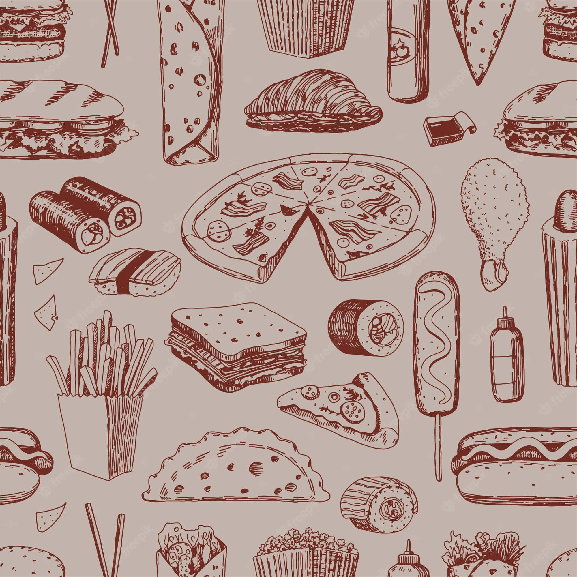 seamless pattern, hand-drawn fast food items, pizza, Full HD Desktop Wallpaper