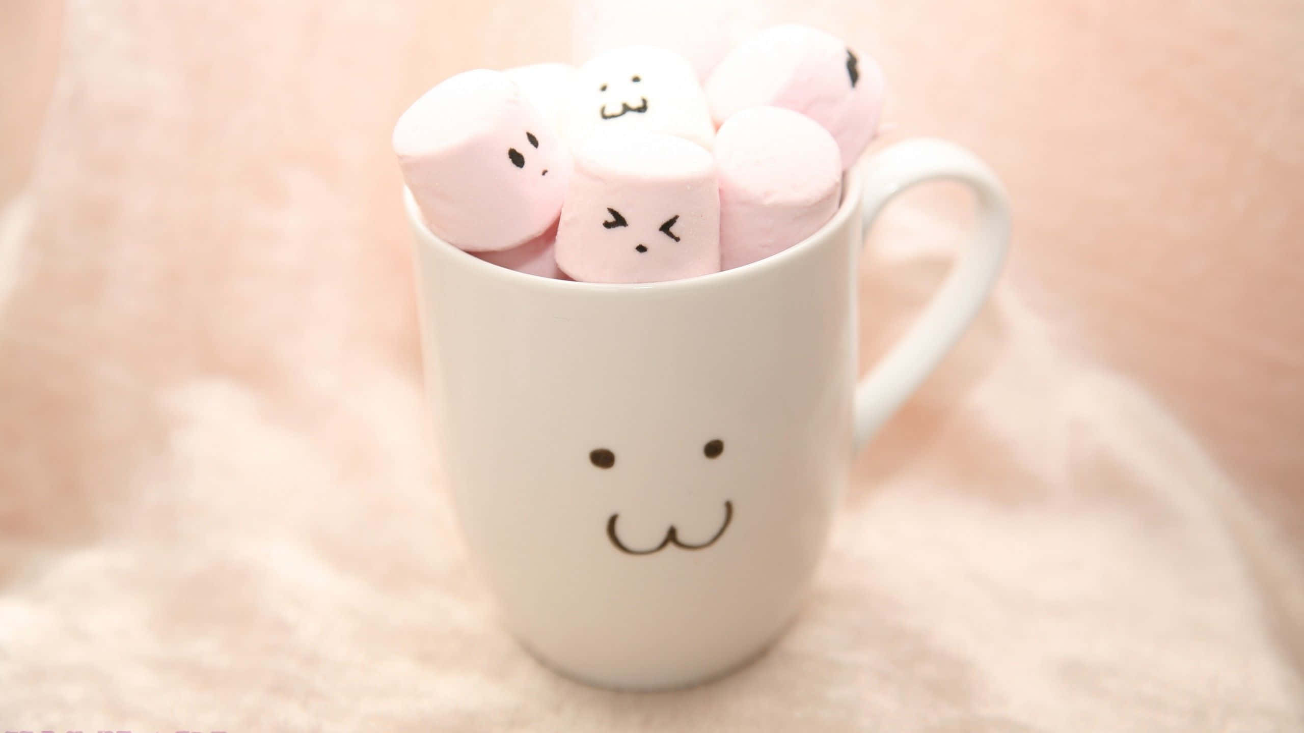 white mug, smiling face, pink marshmallows, 2K Desktop Wallpaper