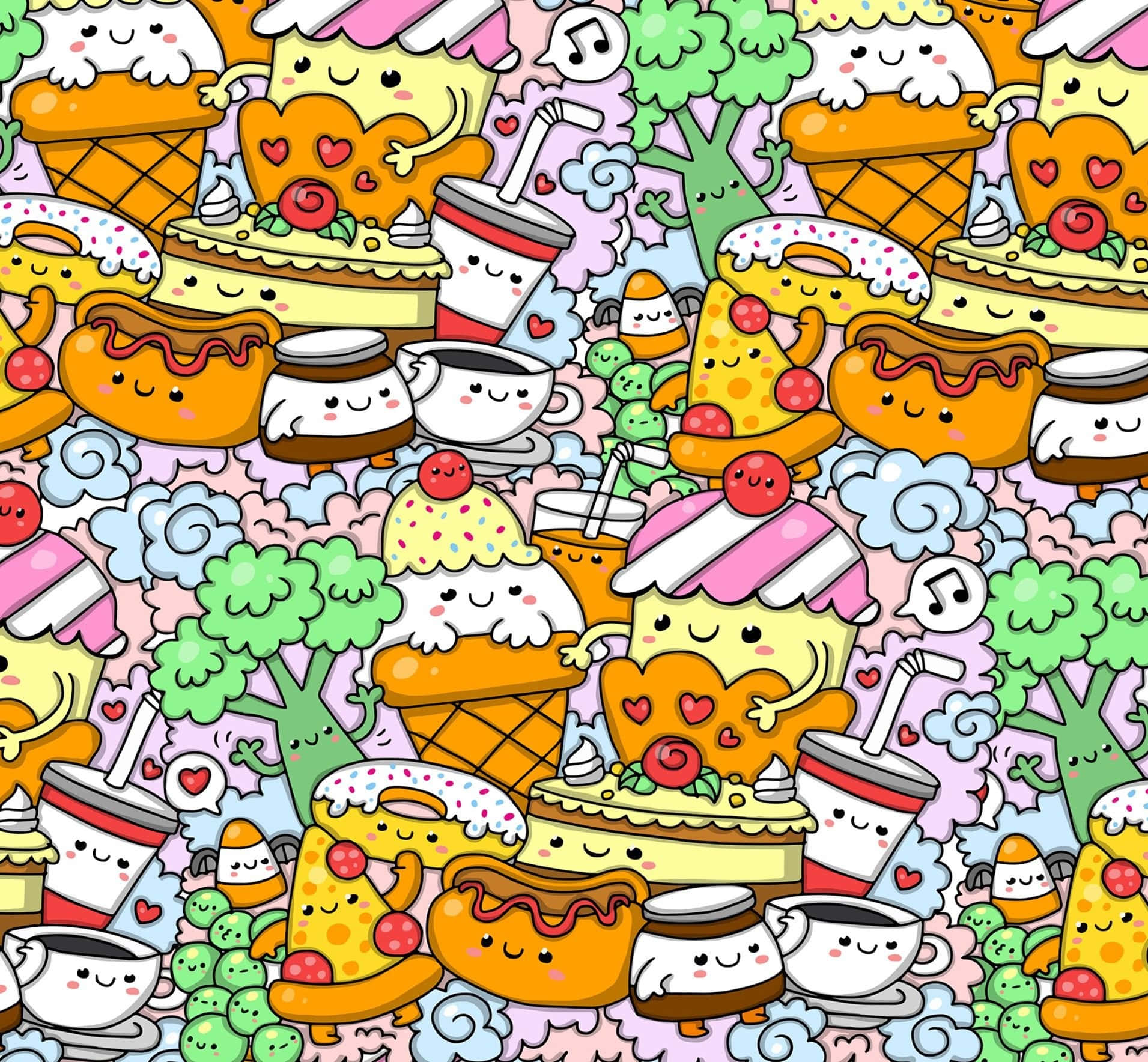 Yummy Food Doodle Pattern, cute cartoon desserts, drinks with smiling faces, HD Desktop Wallpaper