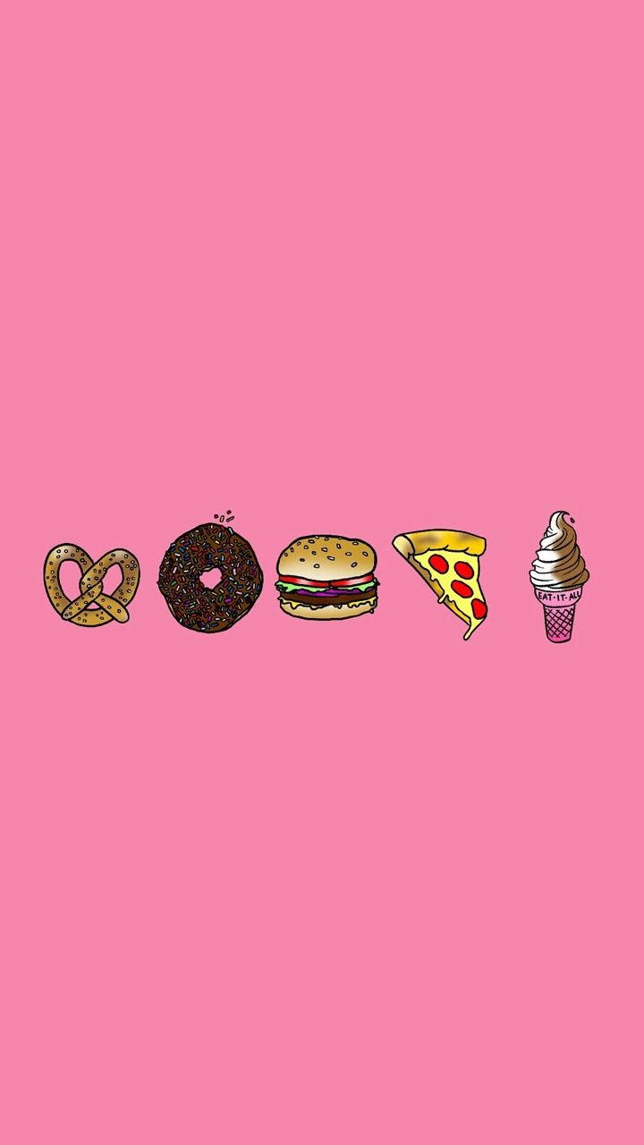 Comfort Food, plain pink, cartoon-style fast food icons, HD Phone Wallpaper