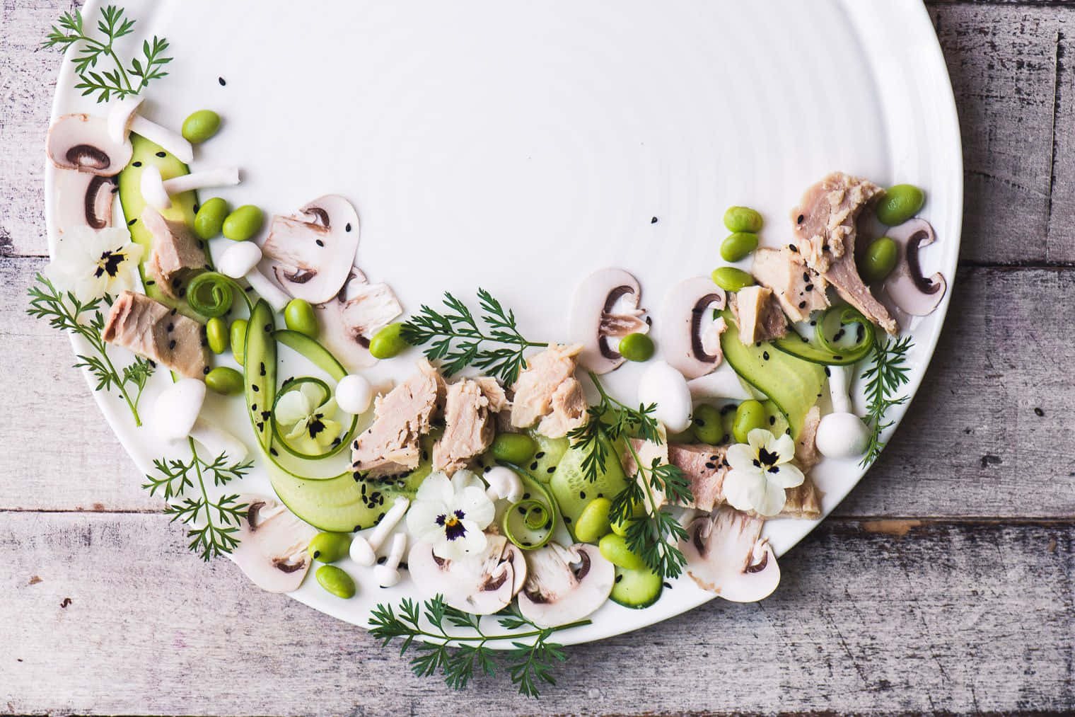 white plate, colorful salad, tuna, HD Desktop Wallpaper