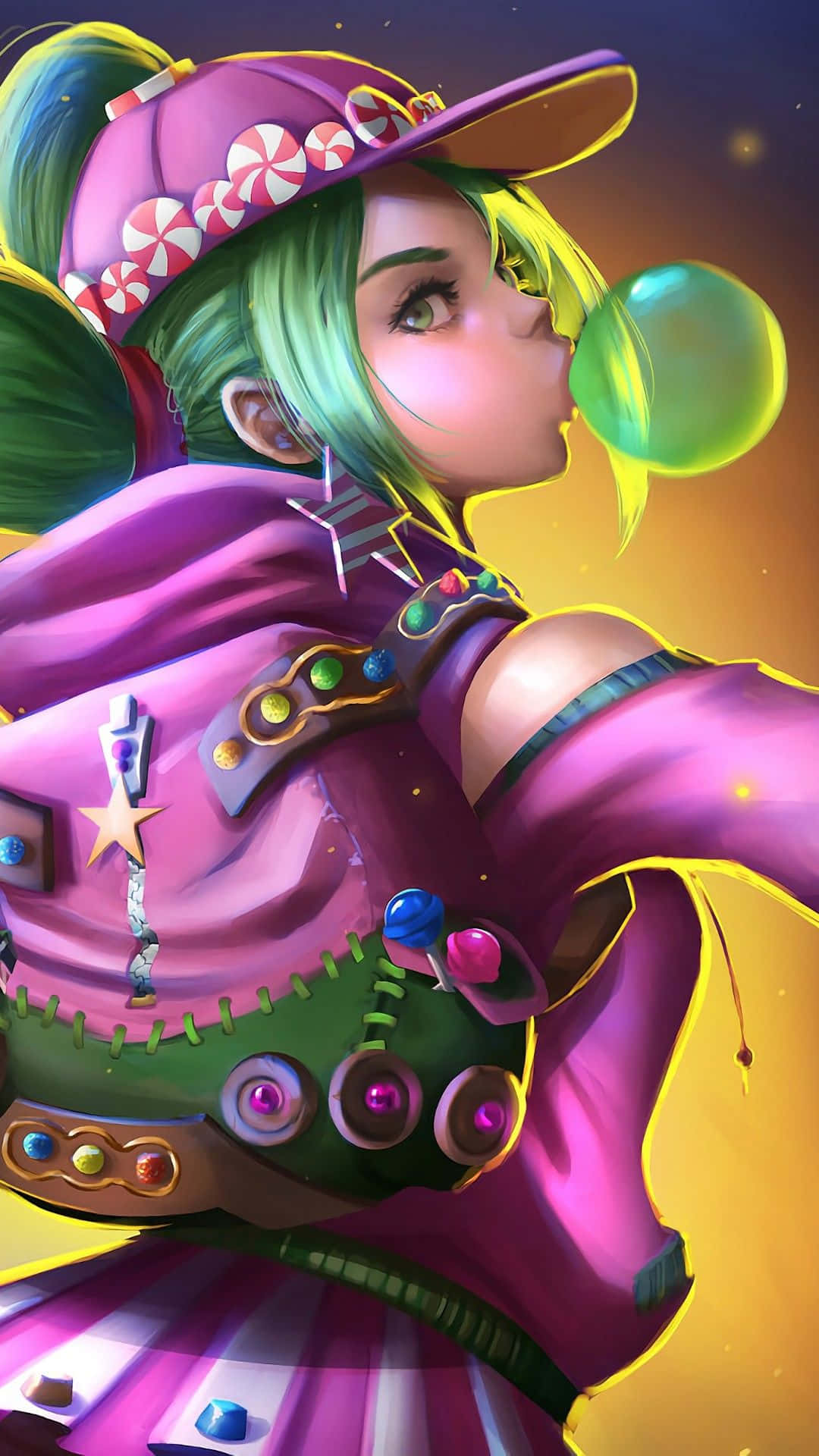 green hair, glowing green bubblegum bubble, candy-themed purple outfit, Full HD Phone Wallpaper
