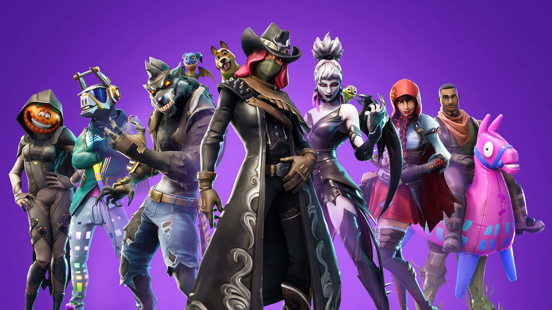 Fortnite, purple background, bold costumes, Full HD Desktop Wallpaper