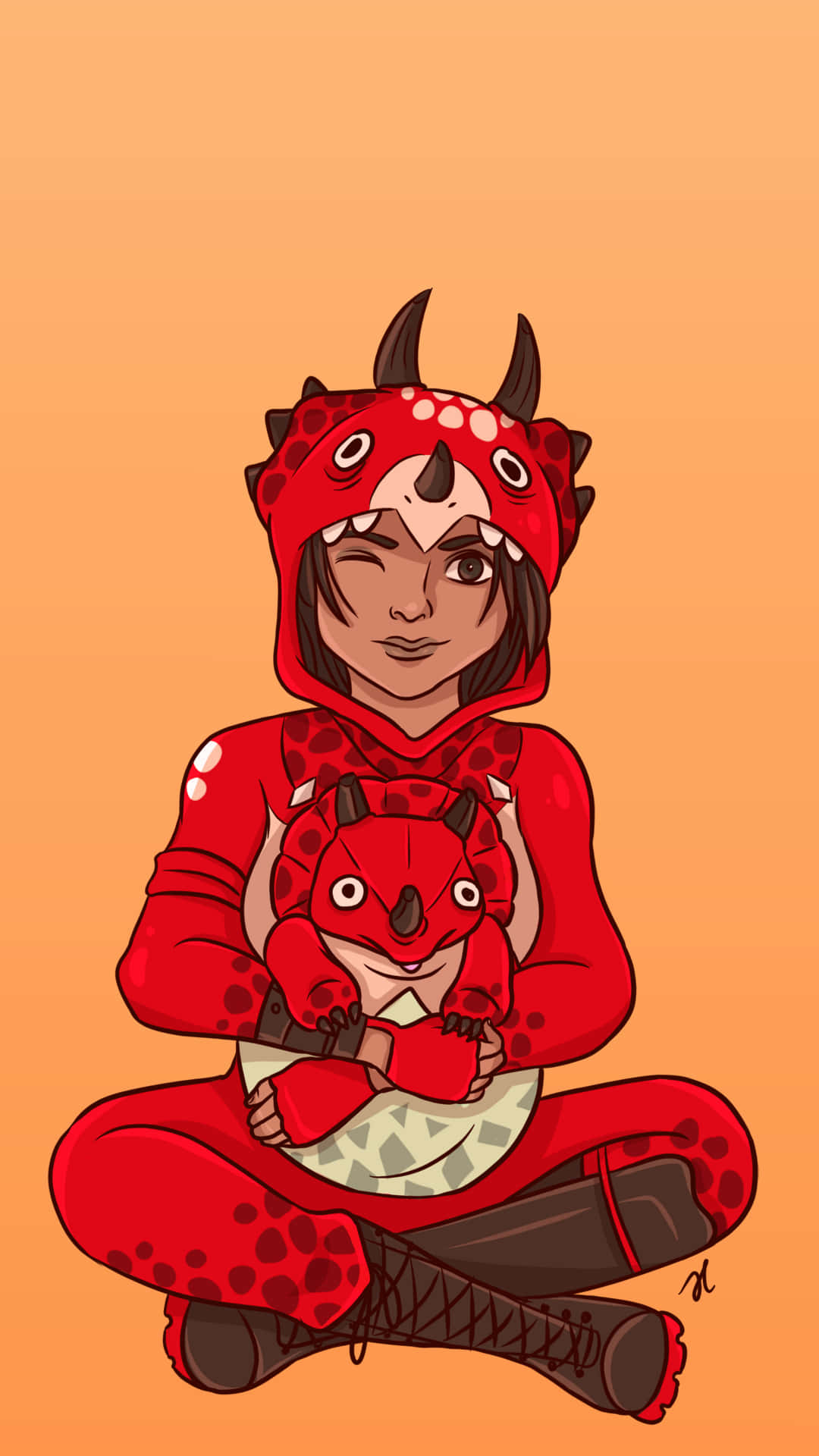 Cute Fortnite, red dinosaur-themed hoodie, plush toy, Full HD Phone Wallpaper