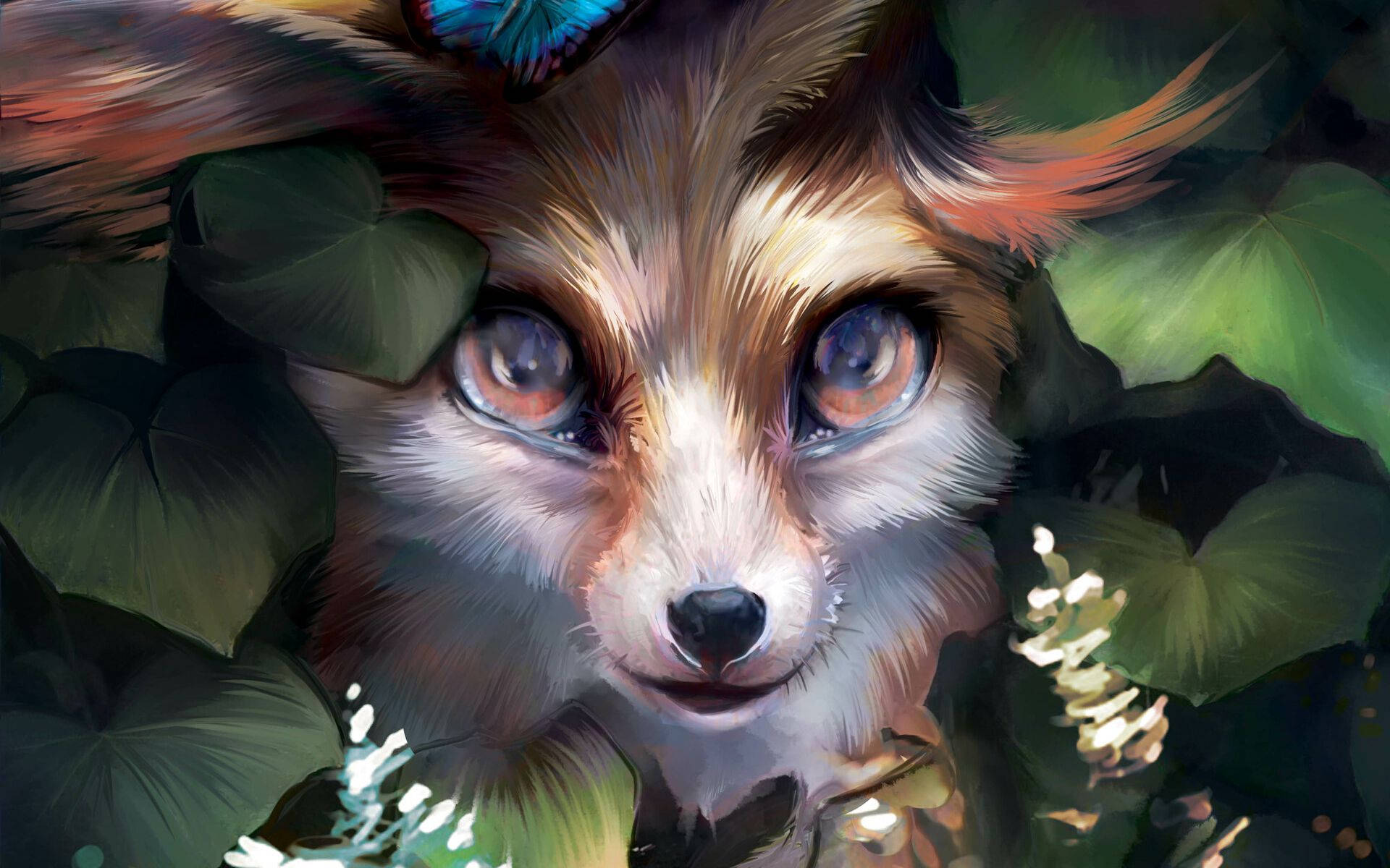 Cute Fox, large expressive eyes, lush green foliage, Full HD Desktop Wallpaper
