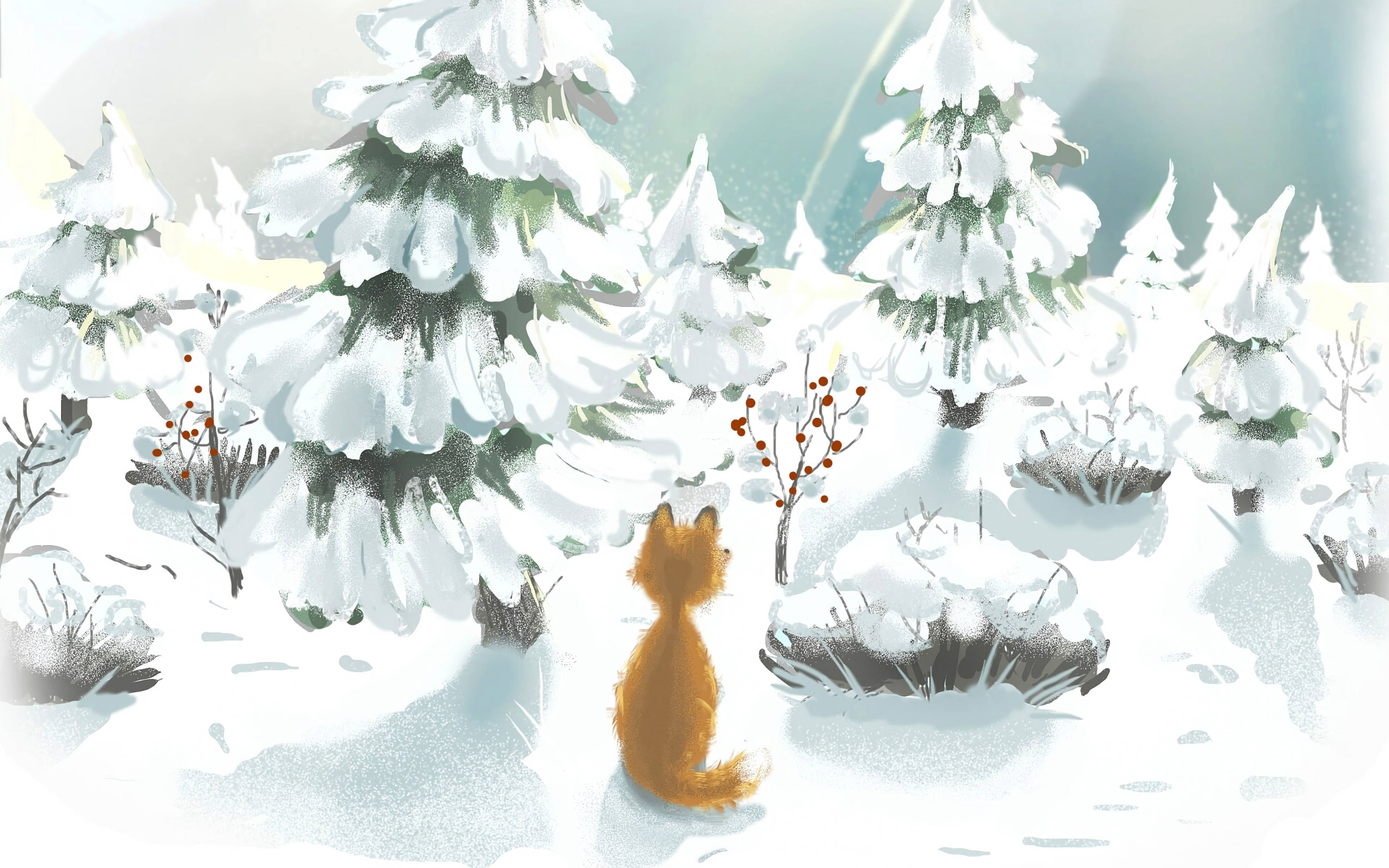 cute fox, snowy forest, snow-laden pine trees, 4K Desktop Wallpaper