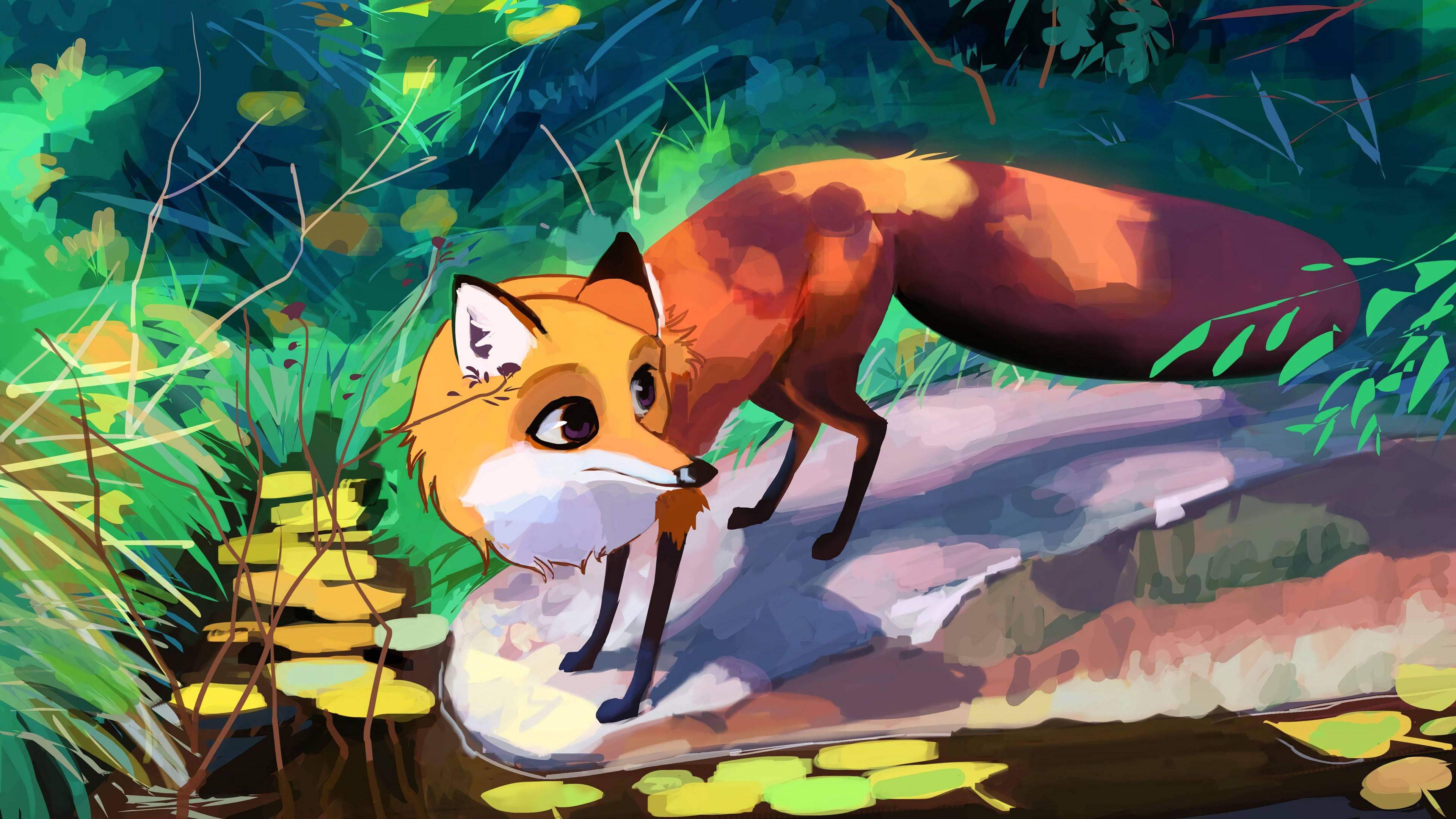 cute fox, mossy rock, pond, 4K Desktop Wallpaper