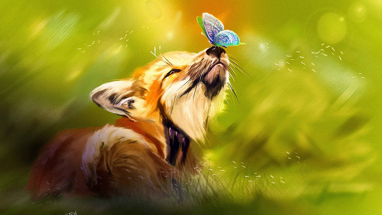 Cute Fox, vibrant blue butterfly, glowing green foliage, HD Desktop Wallpaper