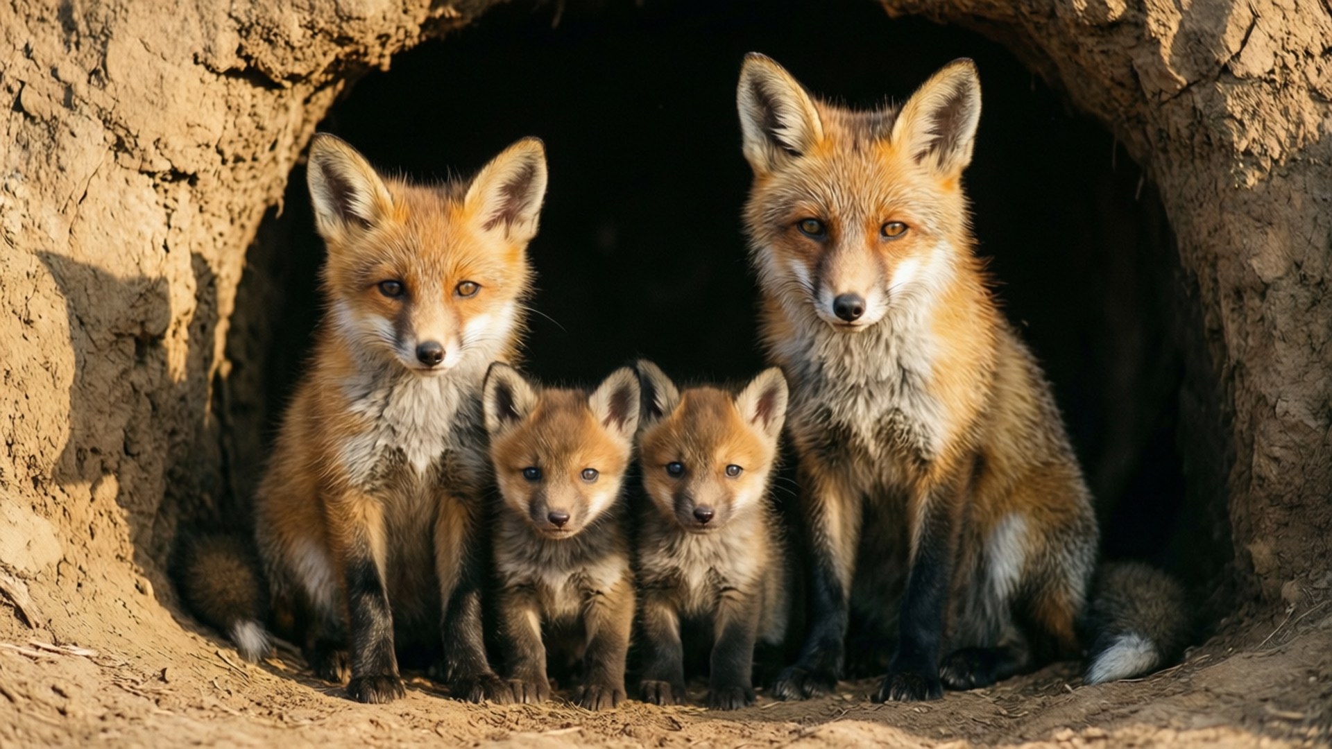fox family den, red foxes, two adults, Full HD Desktop Wallpaper