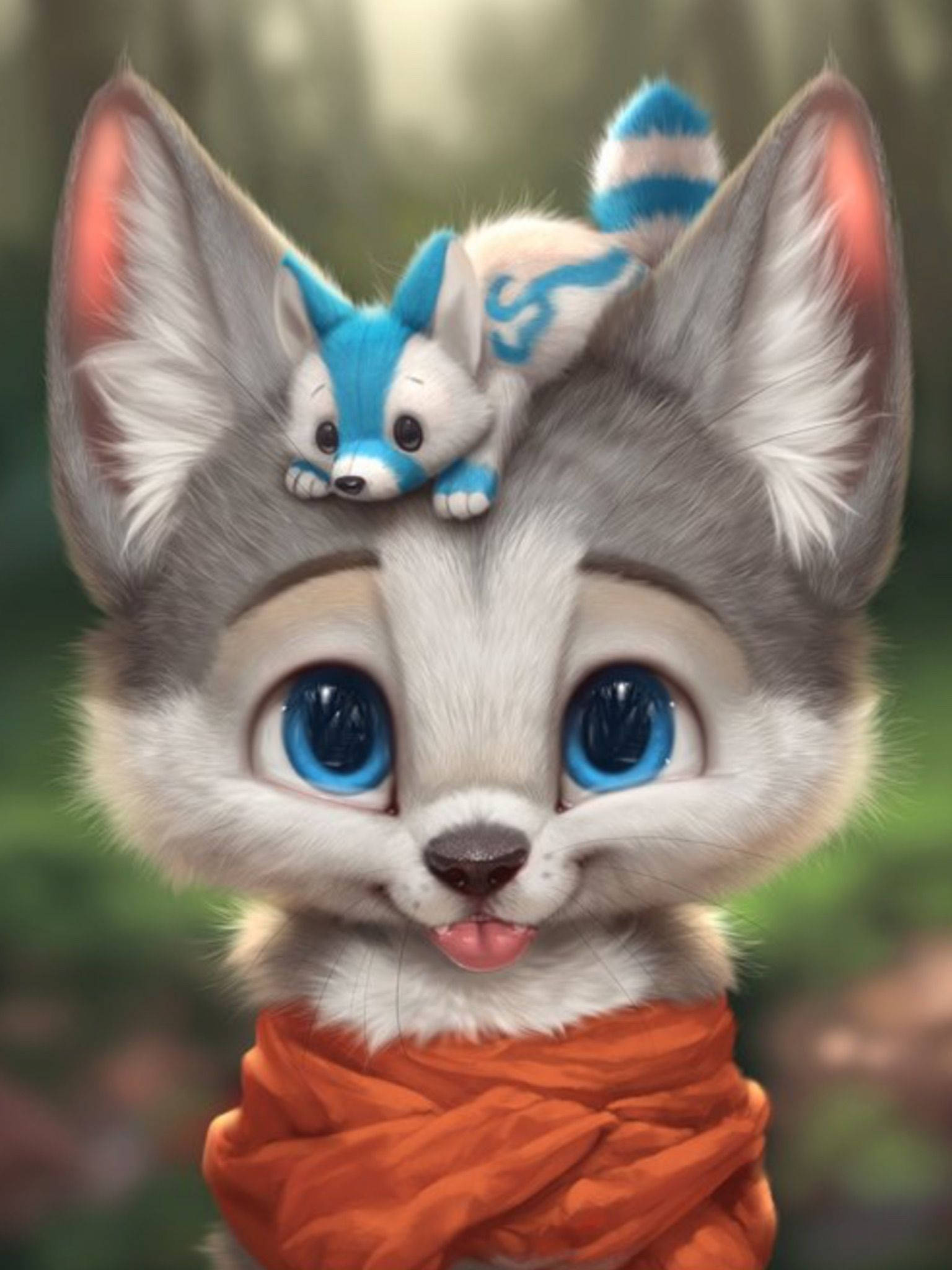 gray fox cub, blue eyes, orange scarf, Full HD Phone Wallpaper