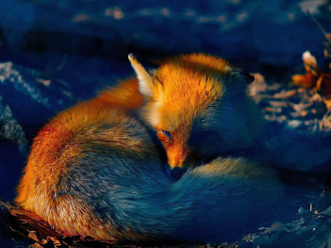 cool fox, golden light, deep blue rocky backdrop, HD Desktop Wallpaper