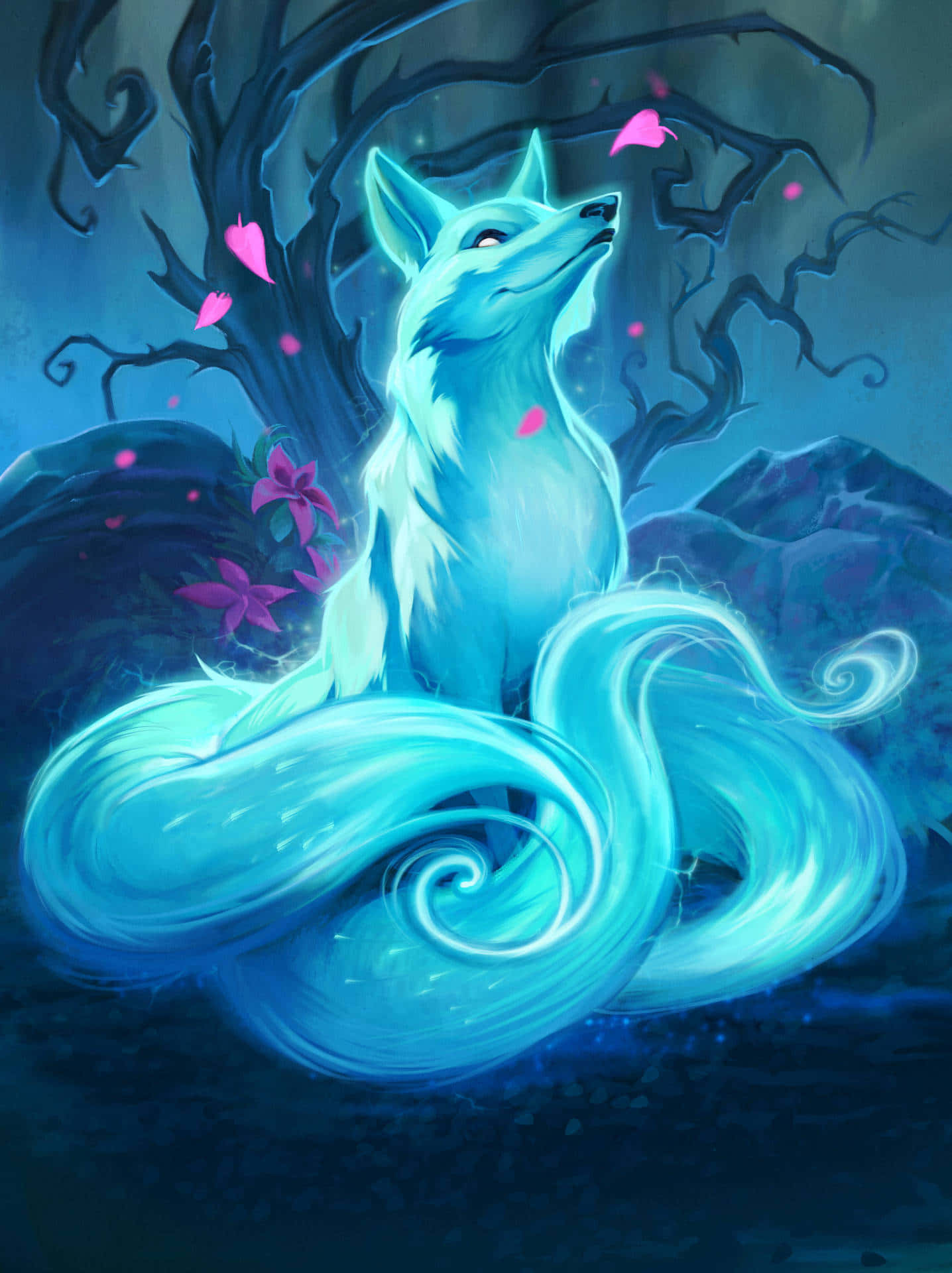 Anime Fox, glowing blue fox, swirling tail, Full HD Phone Wallpaper