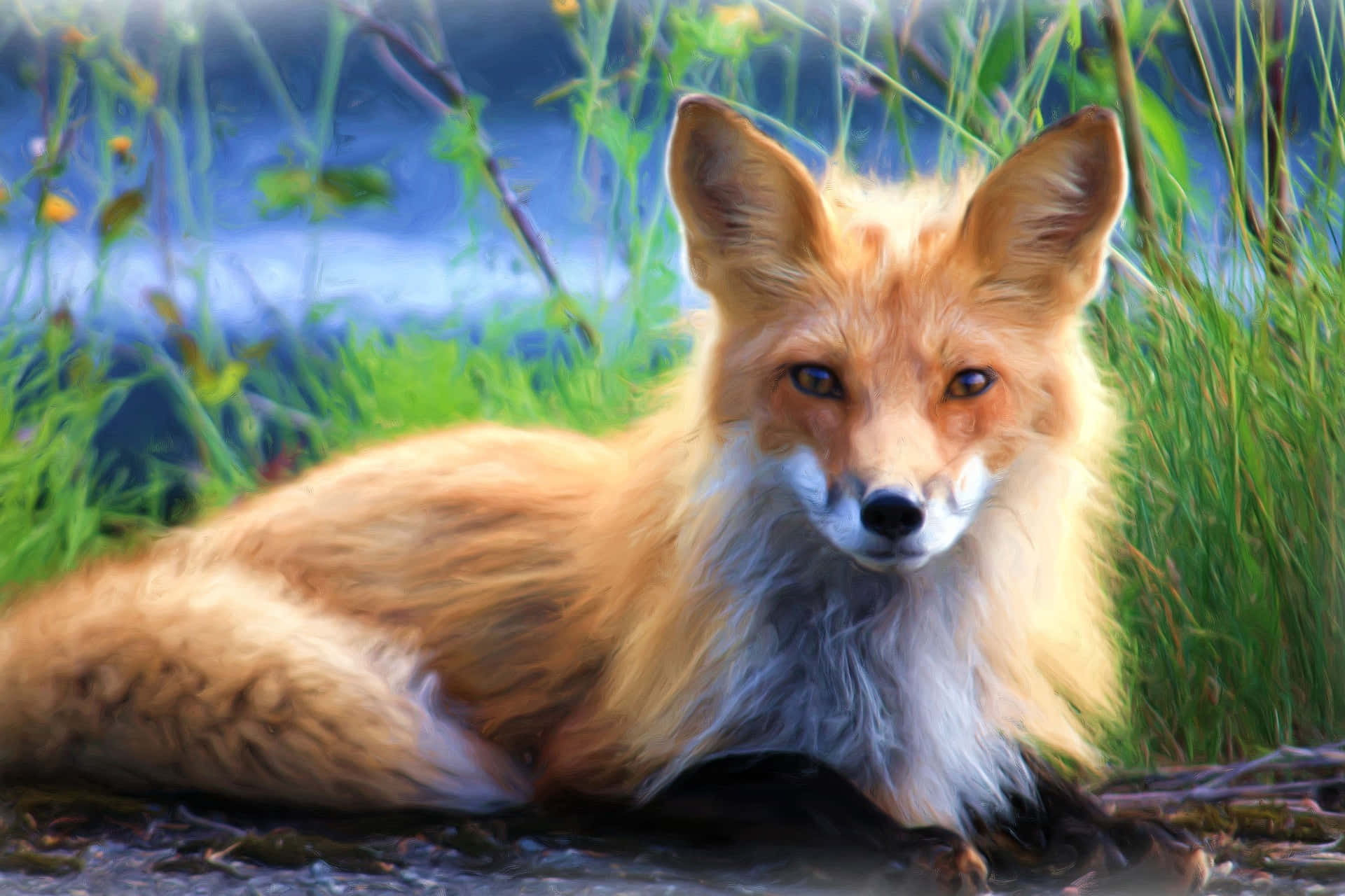 Cool Fox, vibrant red fox, lush green grass, Full HD Desktop Wallpaper