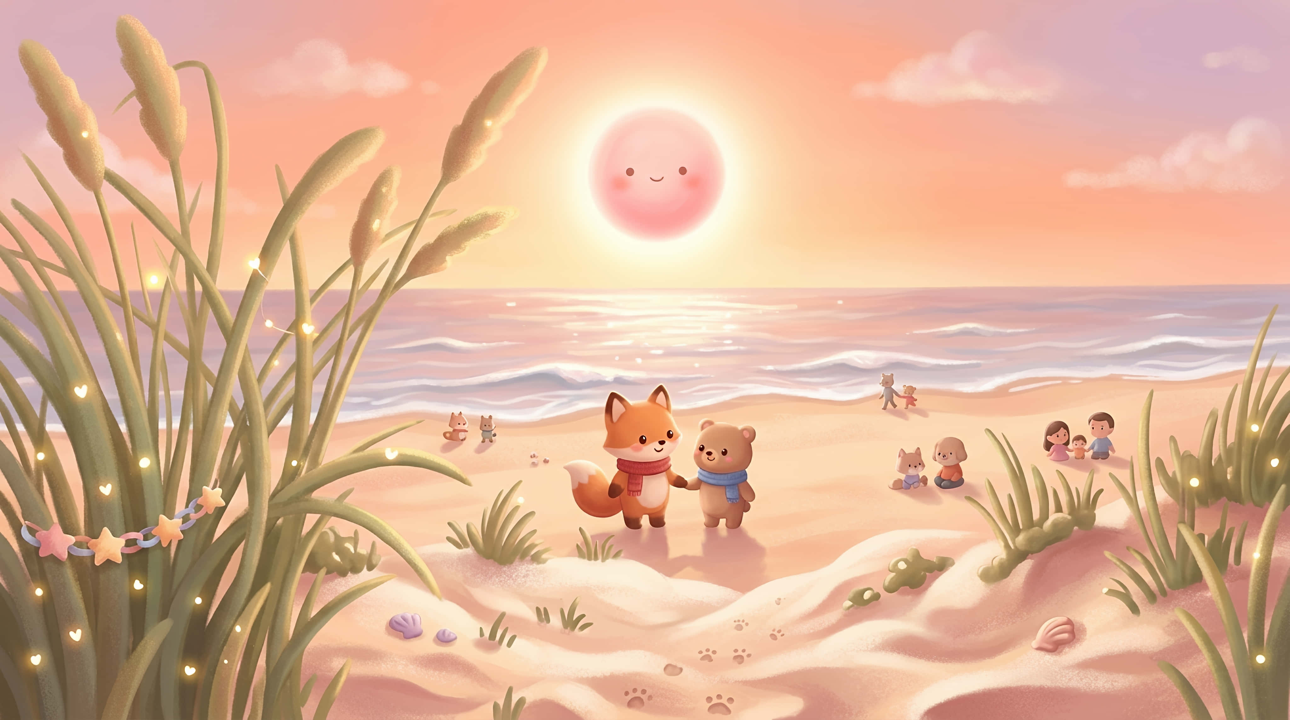 whimsical kawaii sunset beach, fox, bear, 4K Desktop Wallpaper