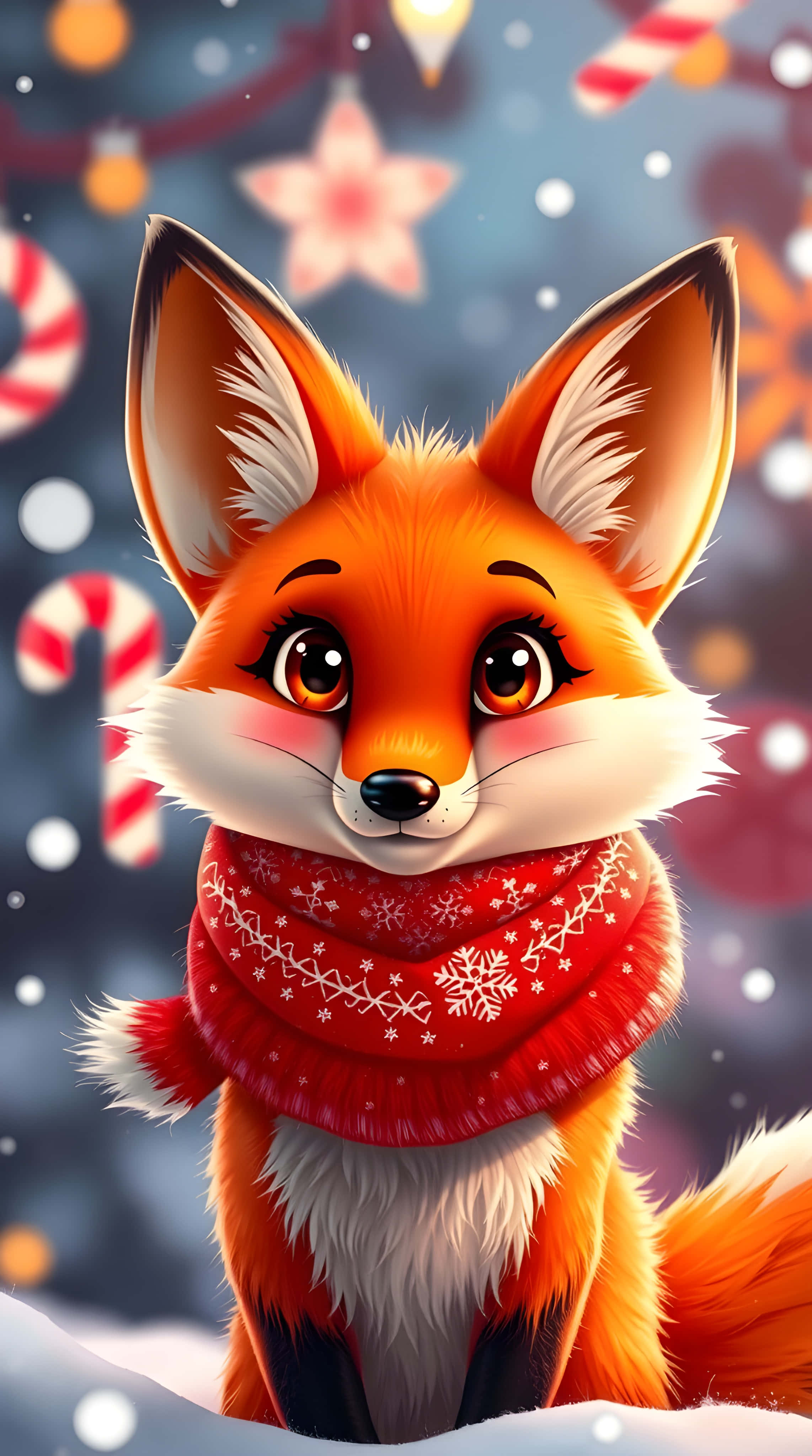 cute winter fox, red scarf, candy cane, 4K Phone Wallpaper