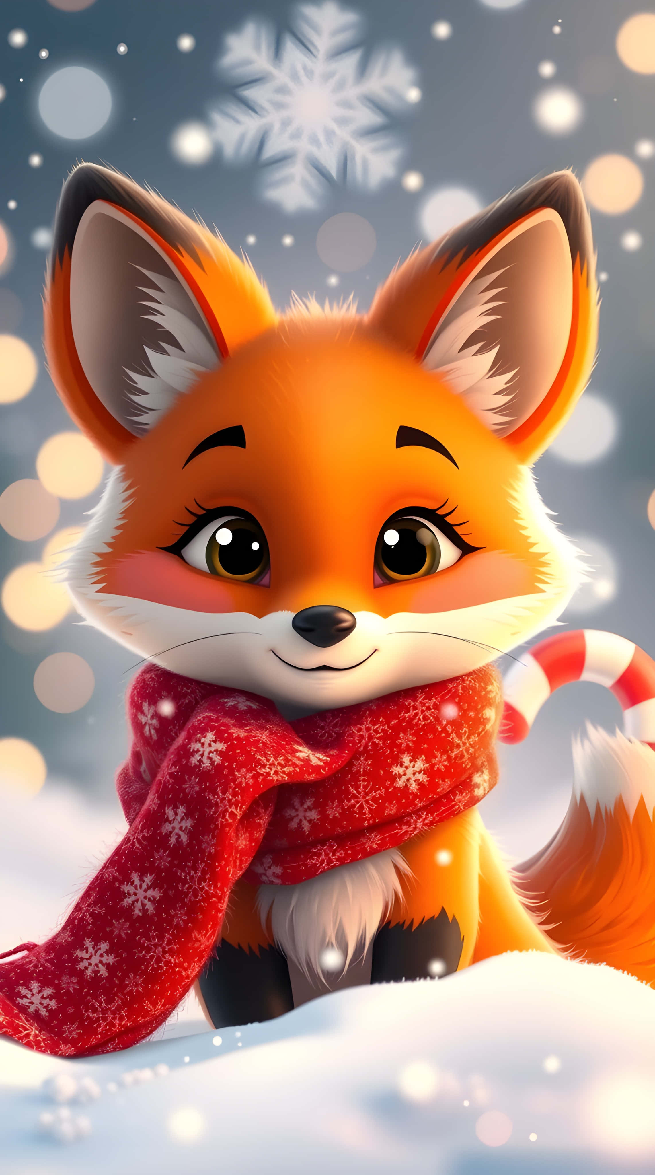 cute winter fox, red snowflake scarf, candy cane, 4K Phone Wallpaper