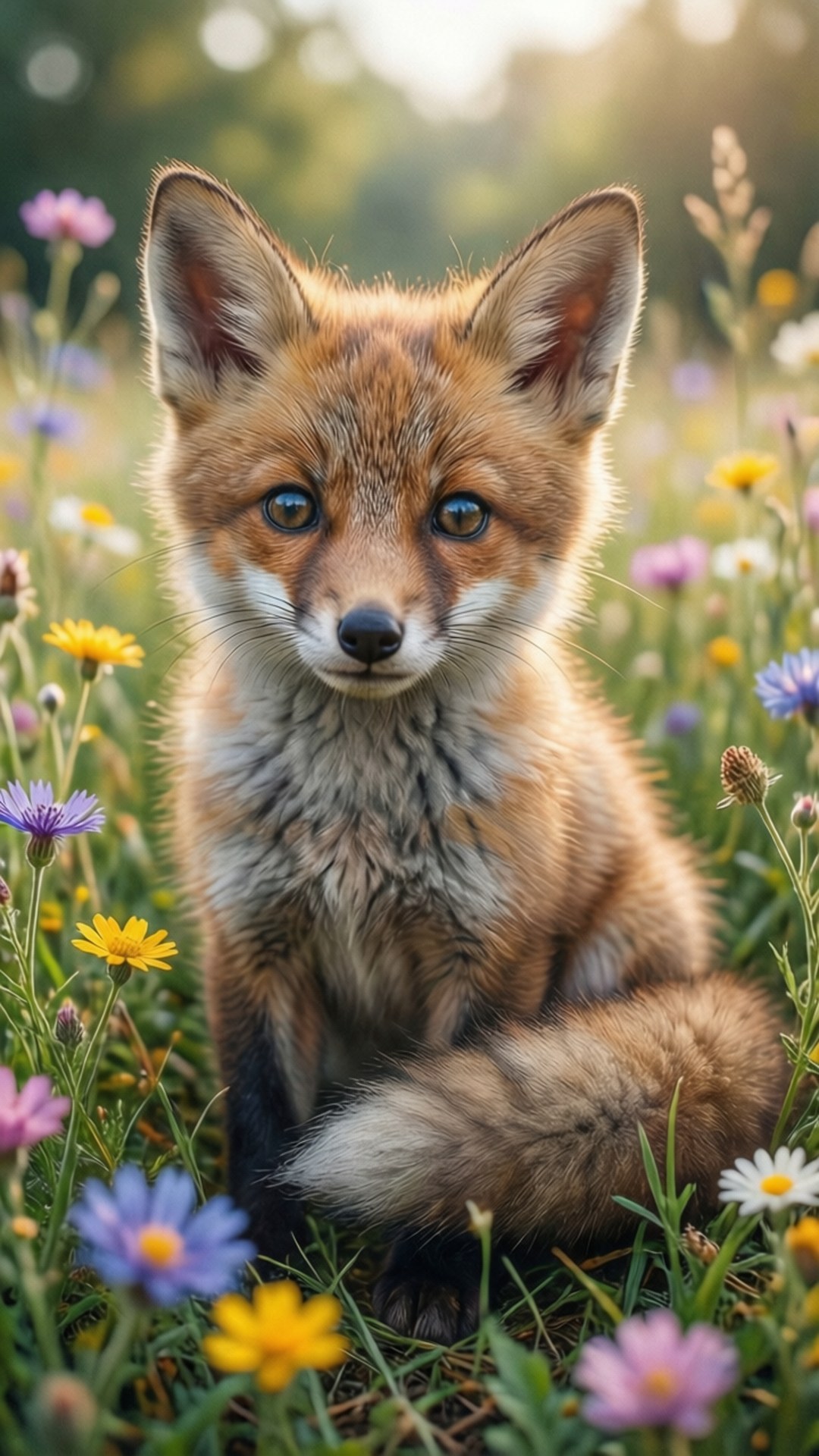 fox, flower field, wildflowers, Full HD Phone Wallpaper