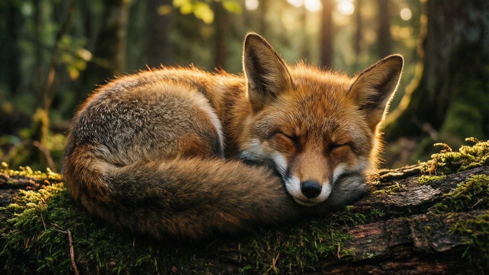 red fox, mossy log, sunlit forest, Full HD Desktop Wallpaper