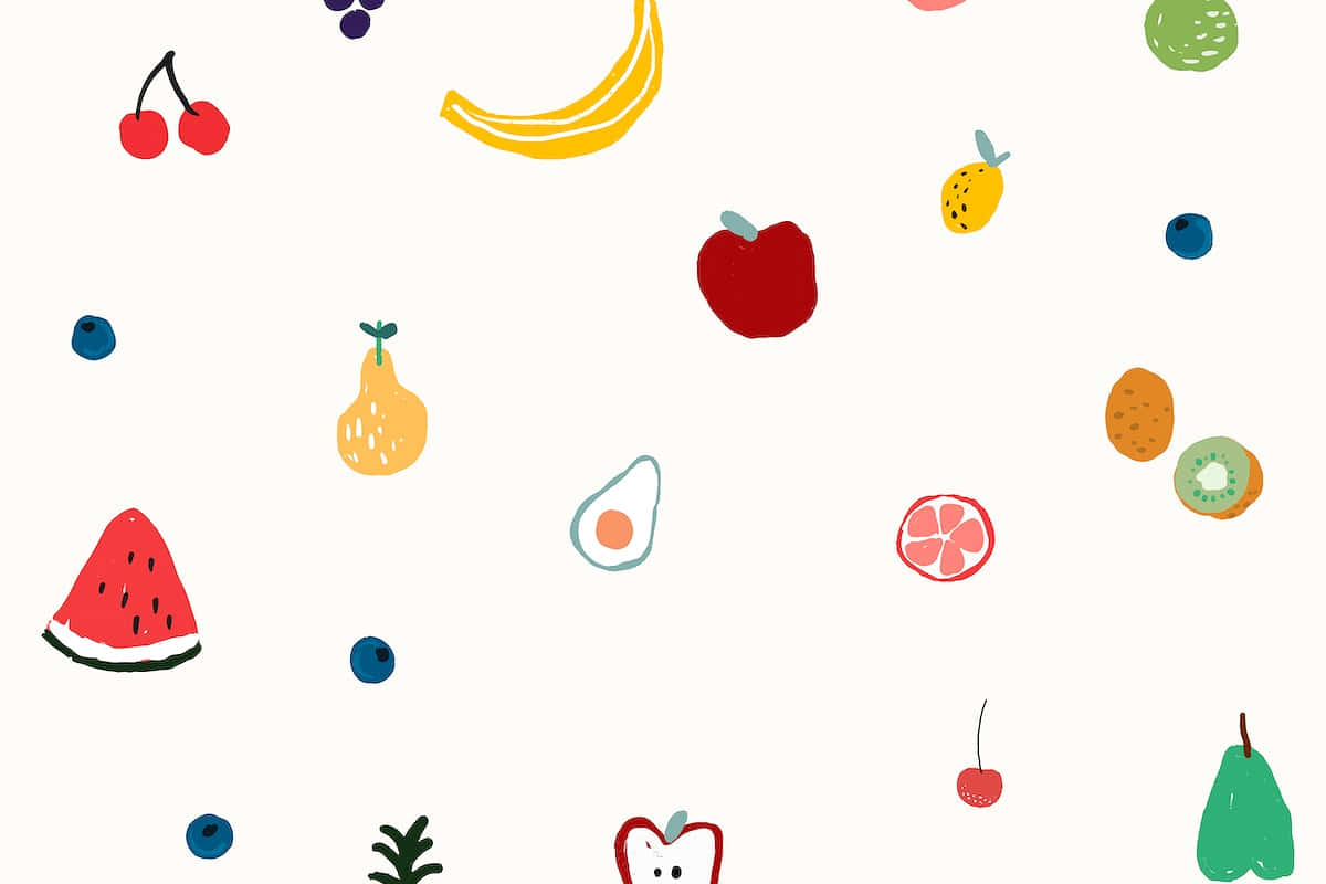 animated cute fruits slices, colorful hand-drawn fruits and vegetables, soft cream background, SD Desktop Wallpaper
