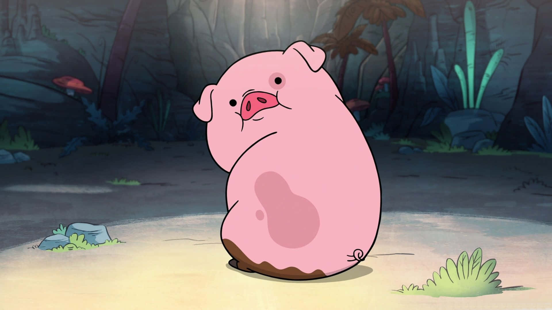 chubby pink cartoon pig, dim forest clearing, mushrooms, Full HD Desktop Wallpaper
