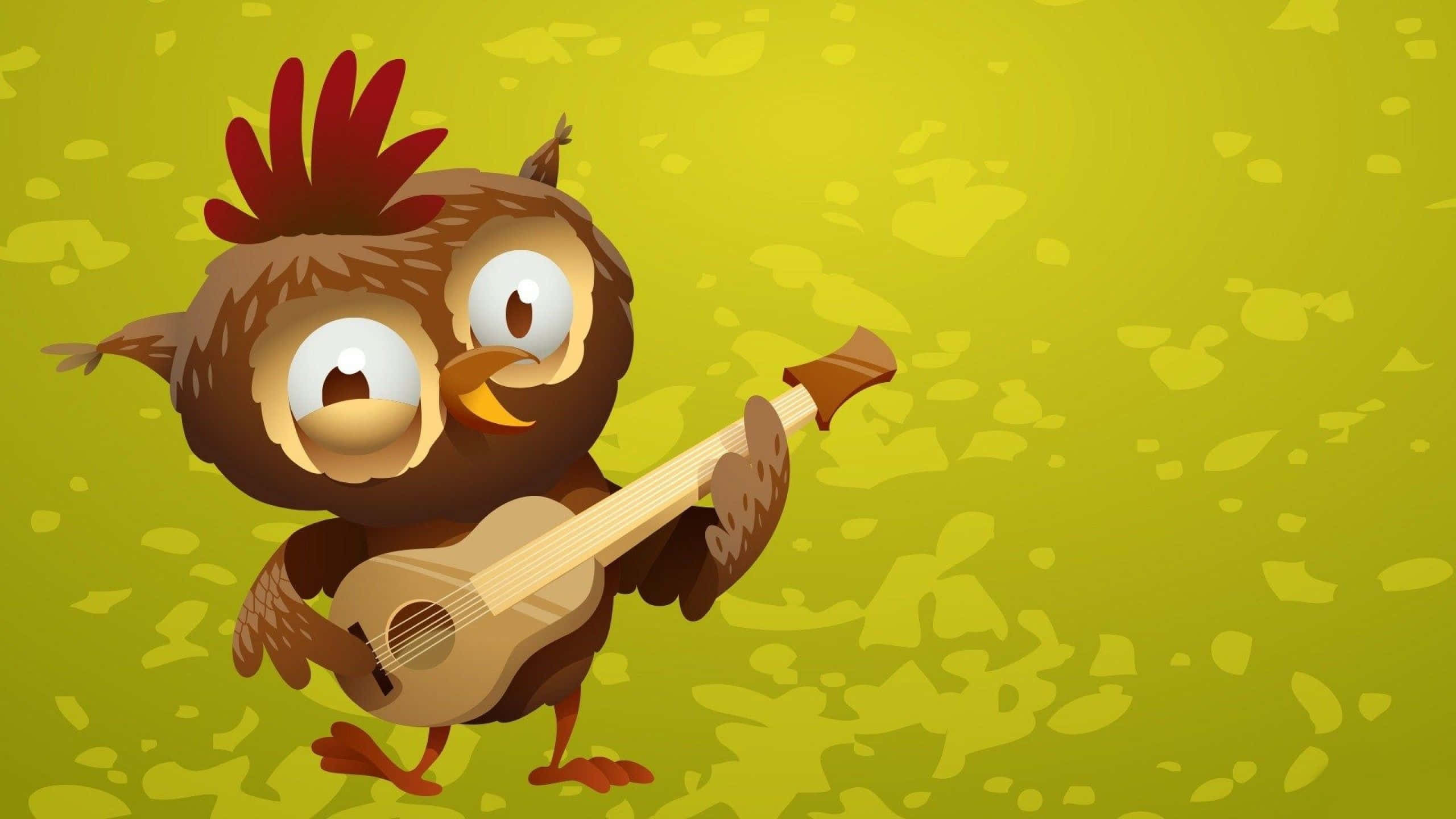 cartoon owl, red crest, guitar, 2K Desktop Wallpaper