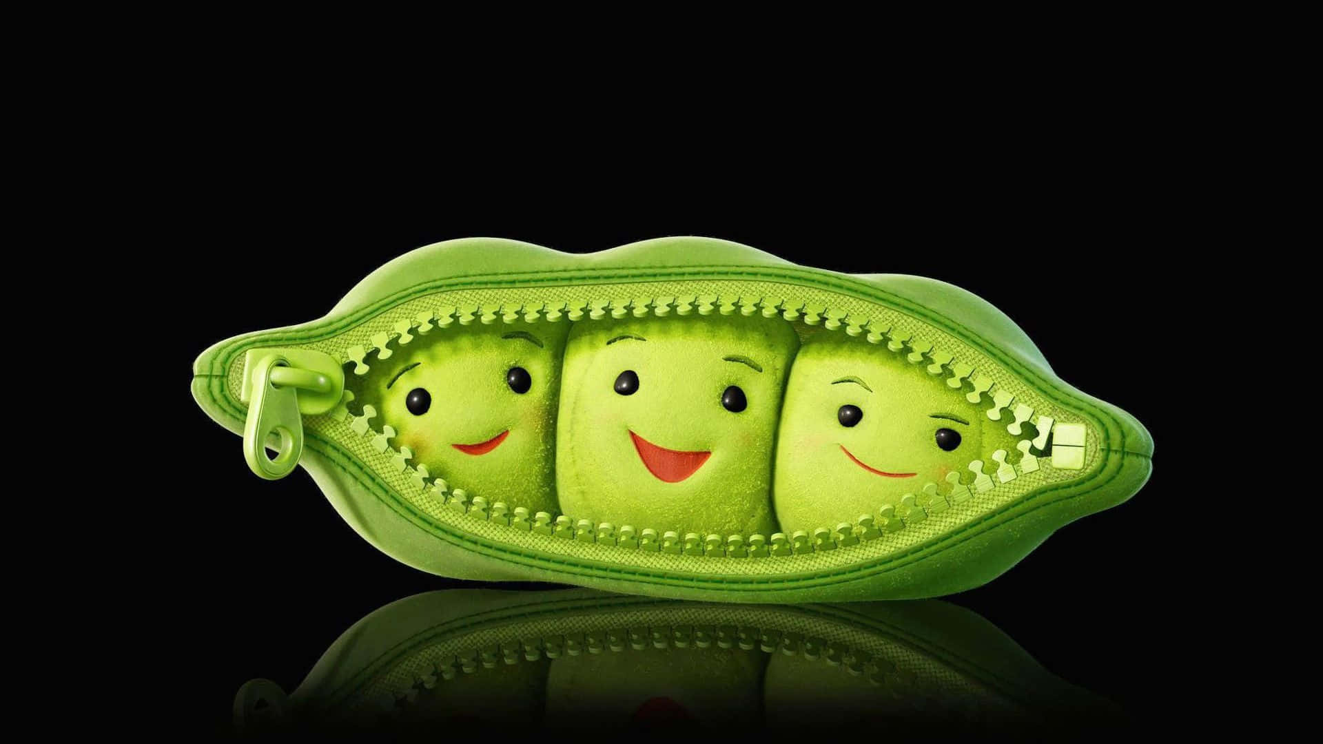 green pea characters, zipper-open pea pod, black reflective surface, Full HD Desktop Wallpaper