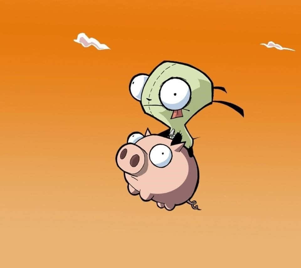 green stitched alien, pink pig, warm orange sky, SD Desktop Wallpaper