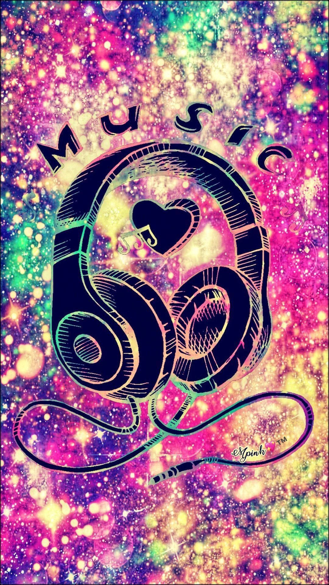 Cute Galaxy, neon headphones, heart-shaped music note, Full HD Phone Wallpaper