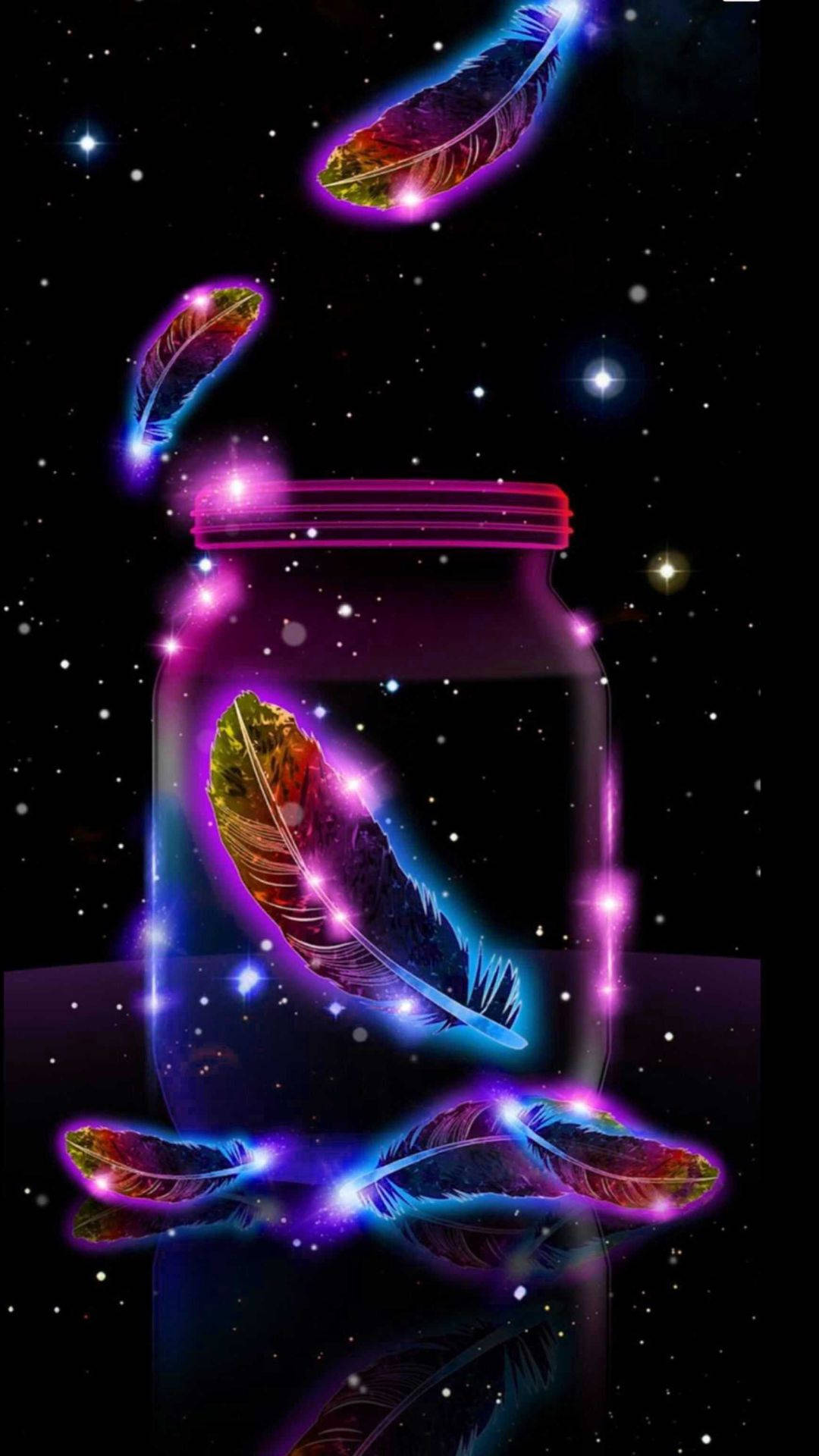colorful feathers, neon-lit jar, starry cosmic background, Full HD Phone Wallpaper