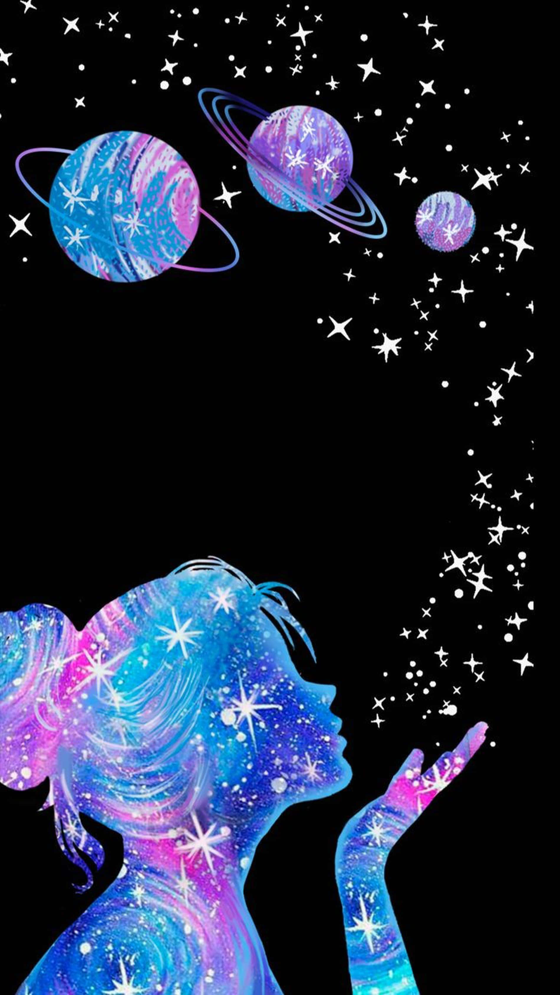Cute Pastel Galaxy Girl Silhouette, cosmic girl silhouette, star dust, 2K Phone Wallpaper