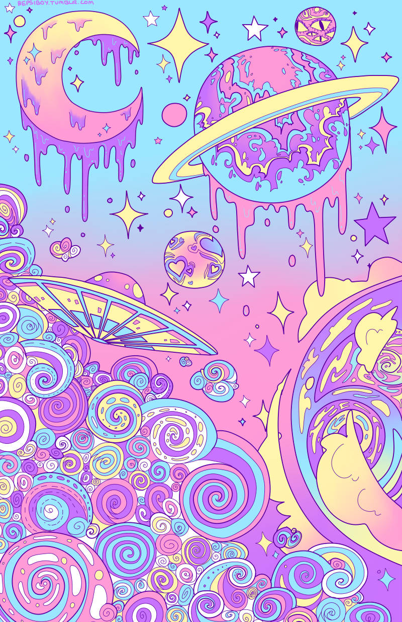 Pastel Goth Galaxy Portrait, psychedelic cosmic scene, dripping planets, SD Phone Wallpaper