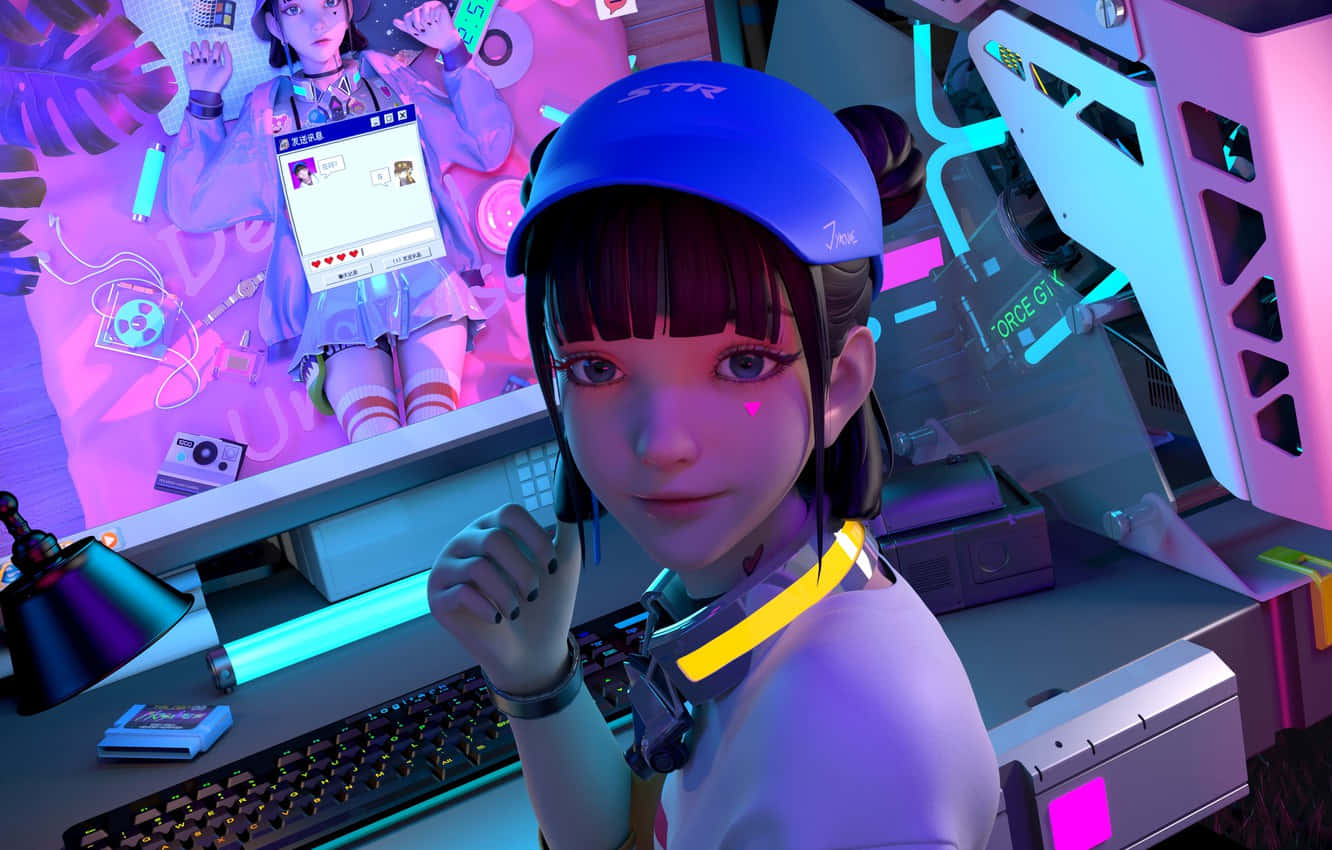 Jyanme, virtual cute gamer girl, blue cap, HD Desktop Wallpaper