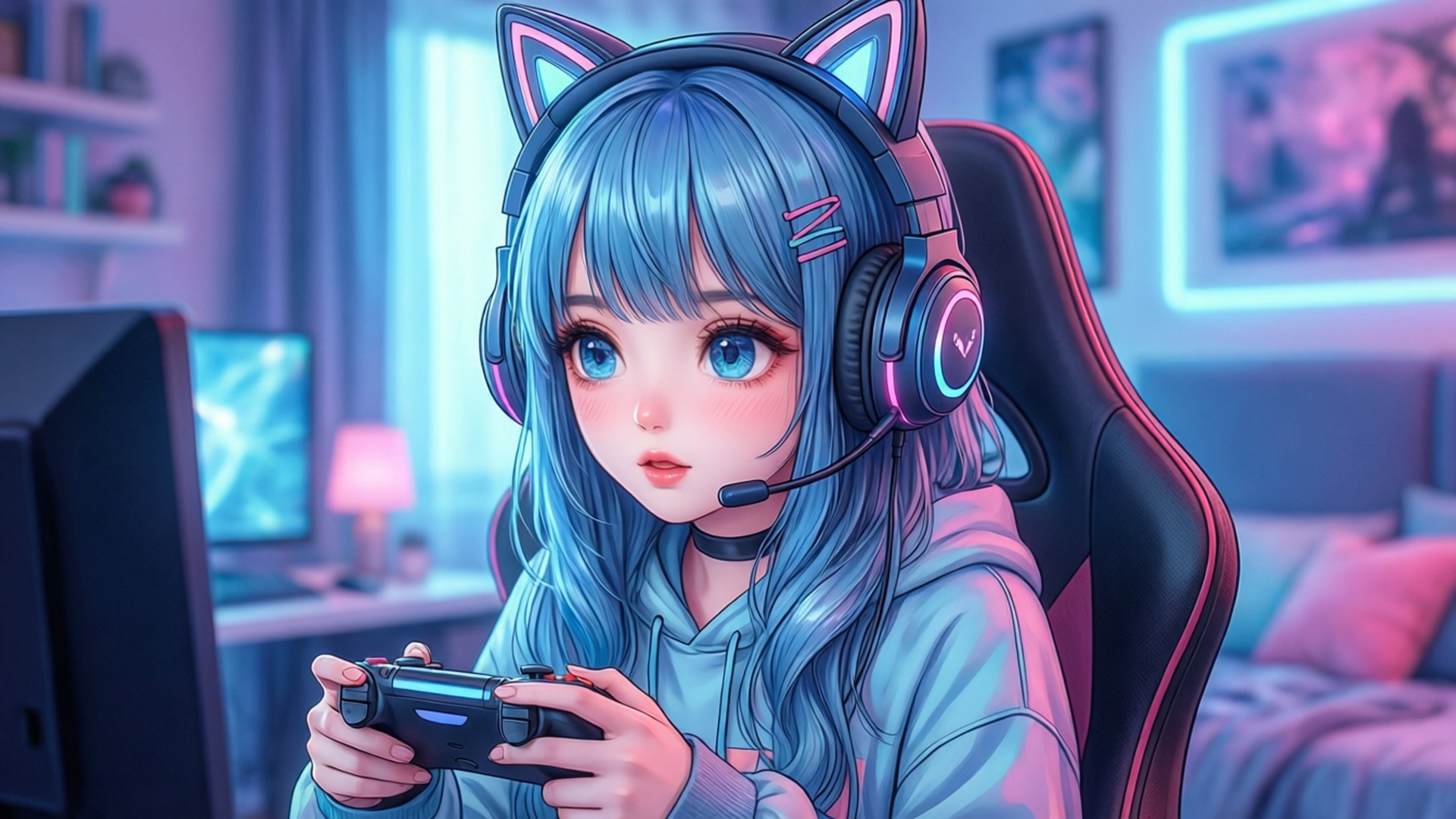 blue hair, gamer girl, cat ear headset, Full HD Desktop Wallpaper