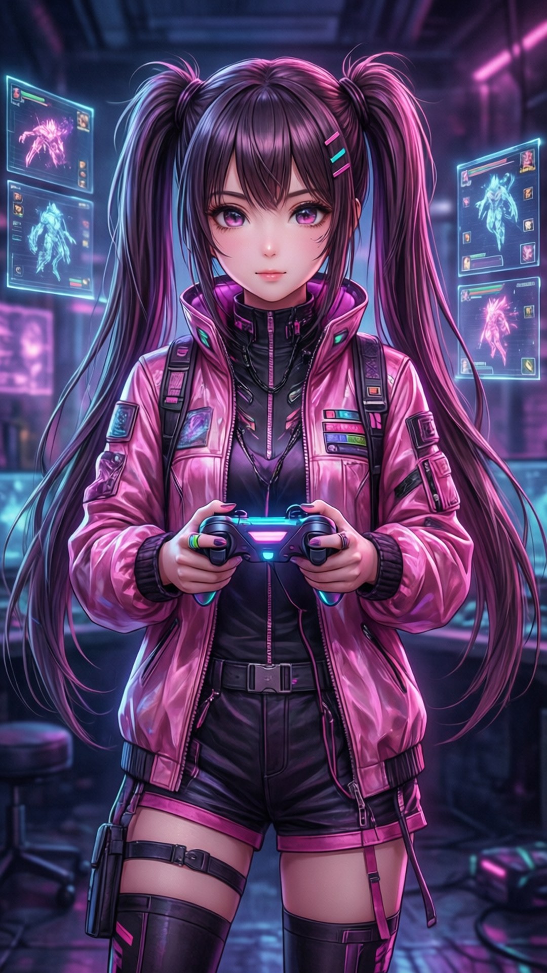 cyberpunk, anime girl, pink pigtails, Full HD Phone Wallpaper