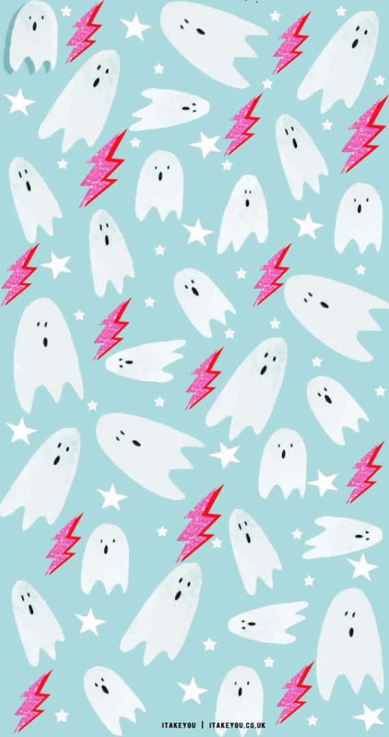 cute ghost, white cartoon ghosts, pink lightning bolts, SD Phone Wallpaper