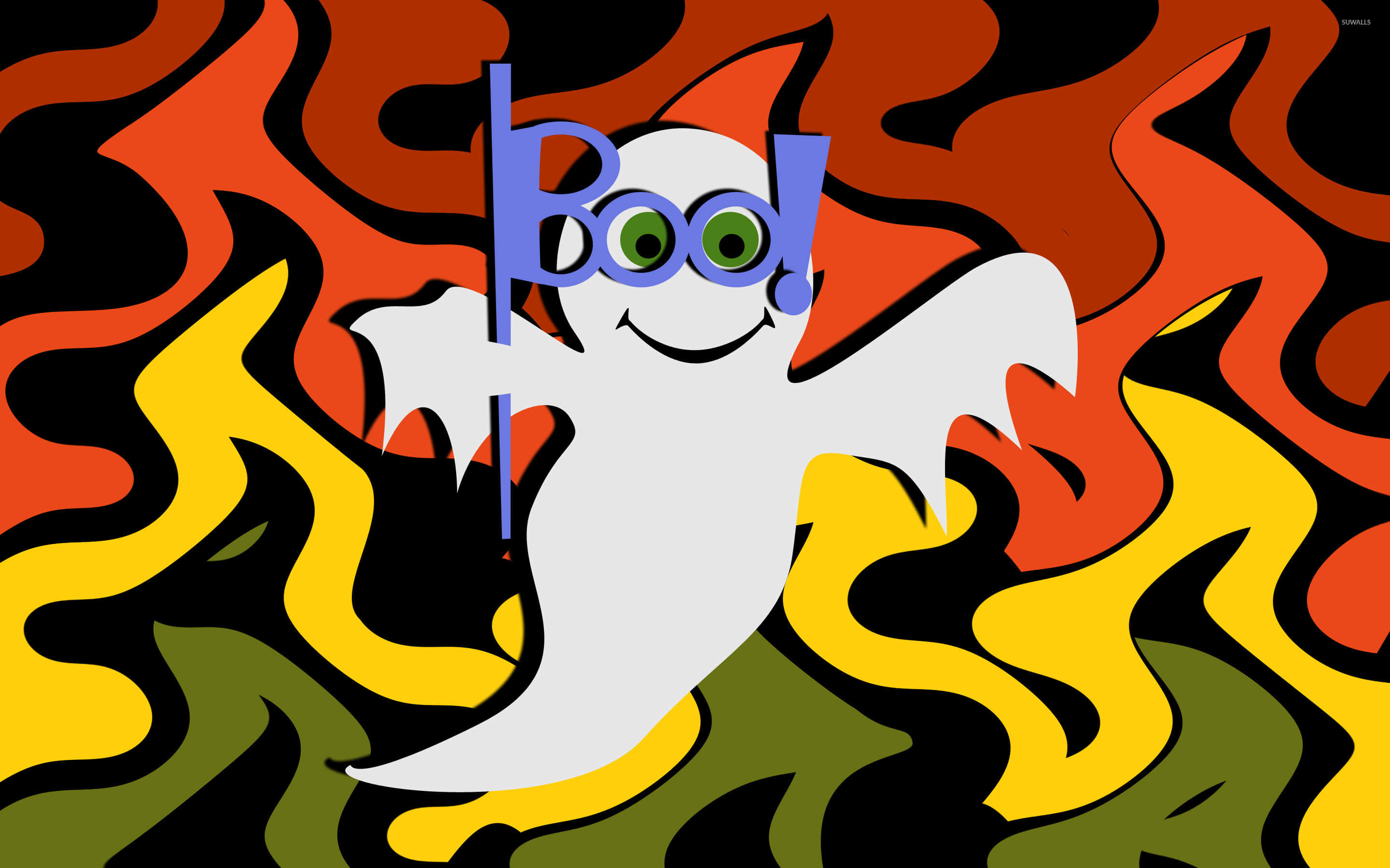 cute ghost, green eyes, Boo! sign, 2K Desktop Wallpaper