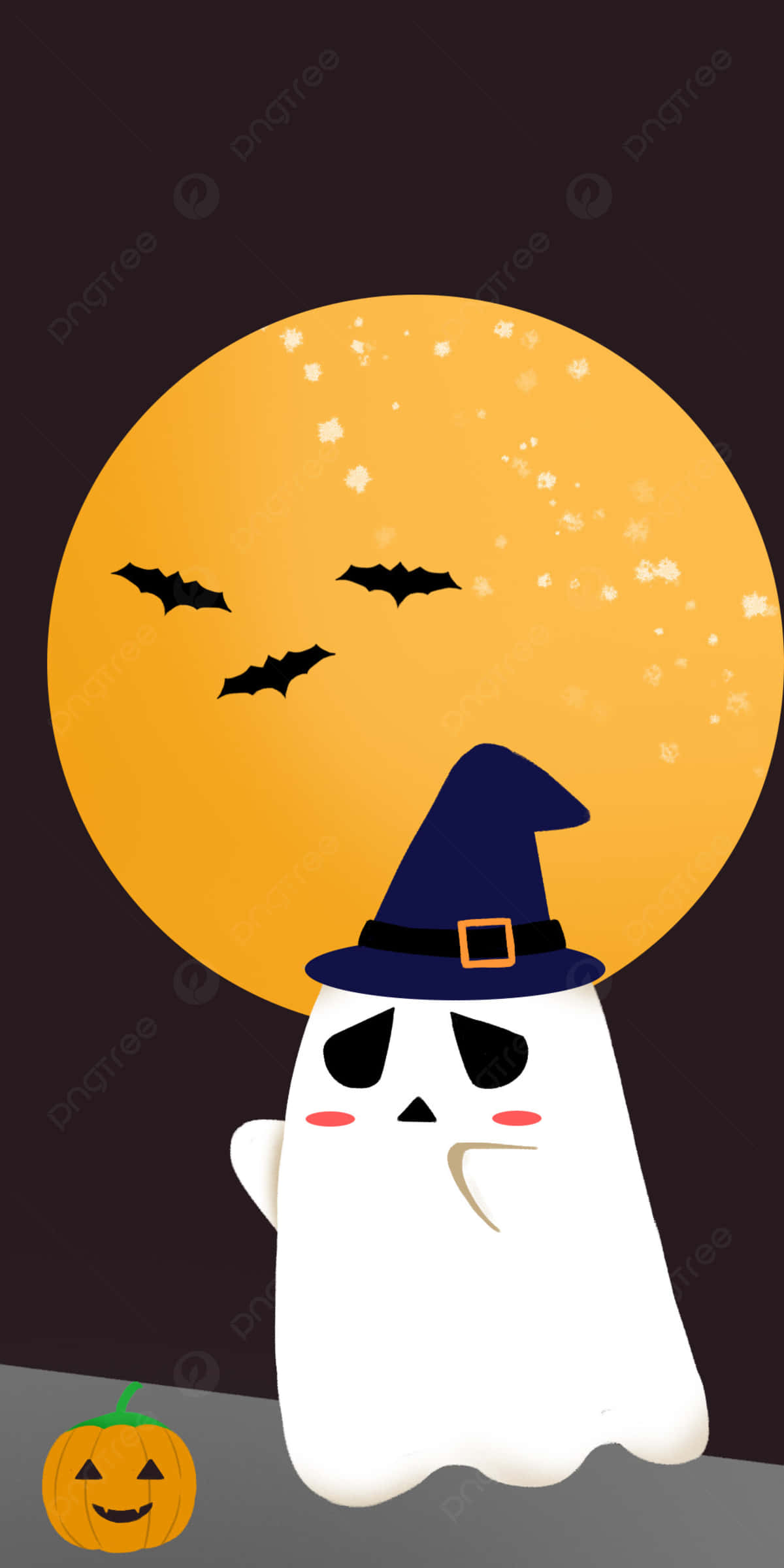 cute ghost, witch hat, glowing orange moon, Full HD Phone Wallpaper