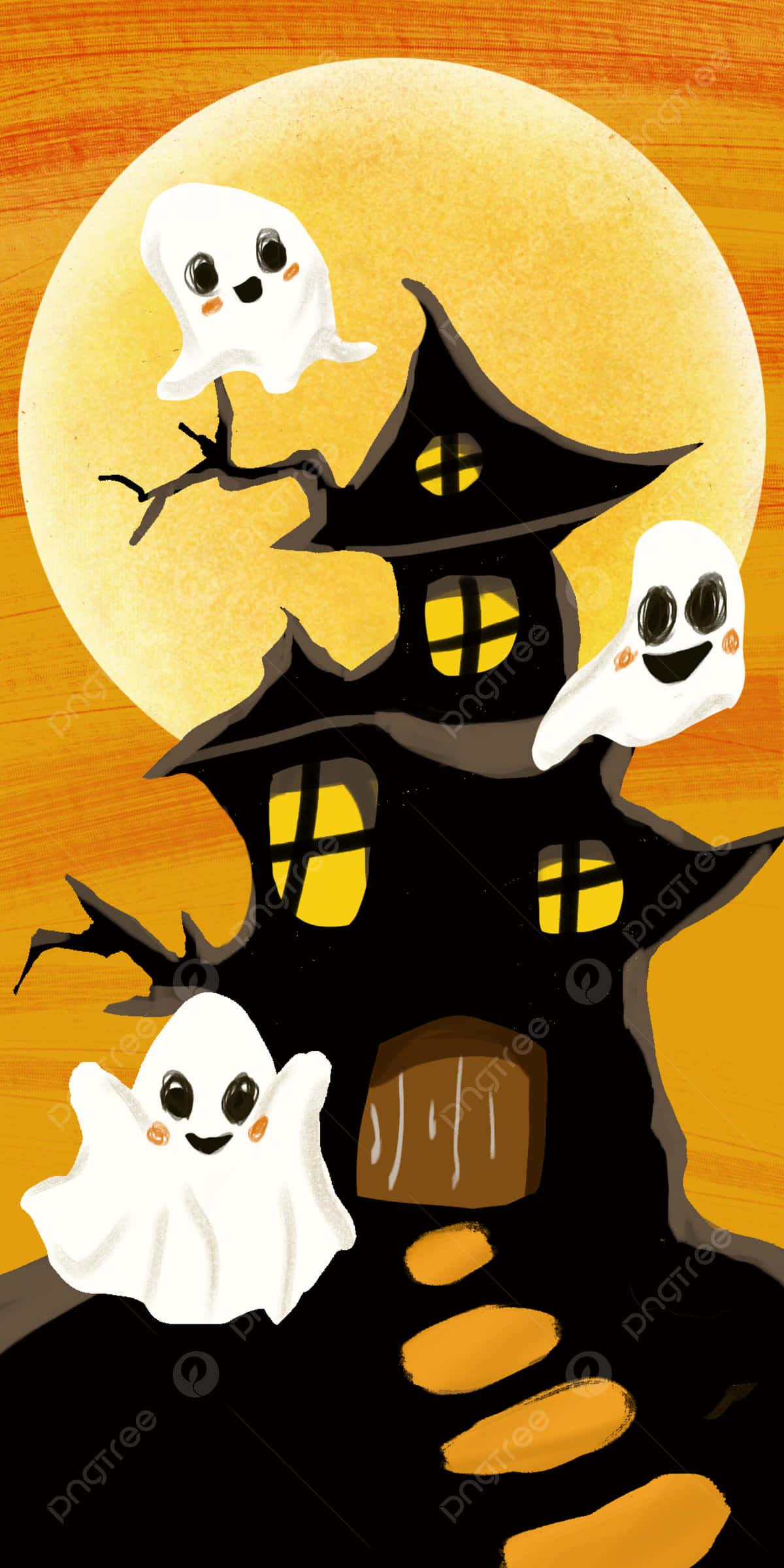 cute ghost, spooky black haunted house, glowing orange full moon, Full HD Phone Wallpaper