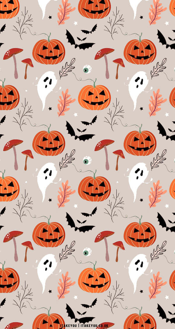 cute ghost, Halloween pattern, orange jack-o'-lanterns, SD Phone Wallpaper