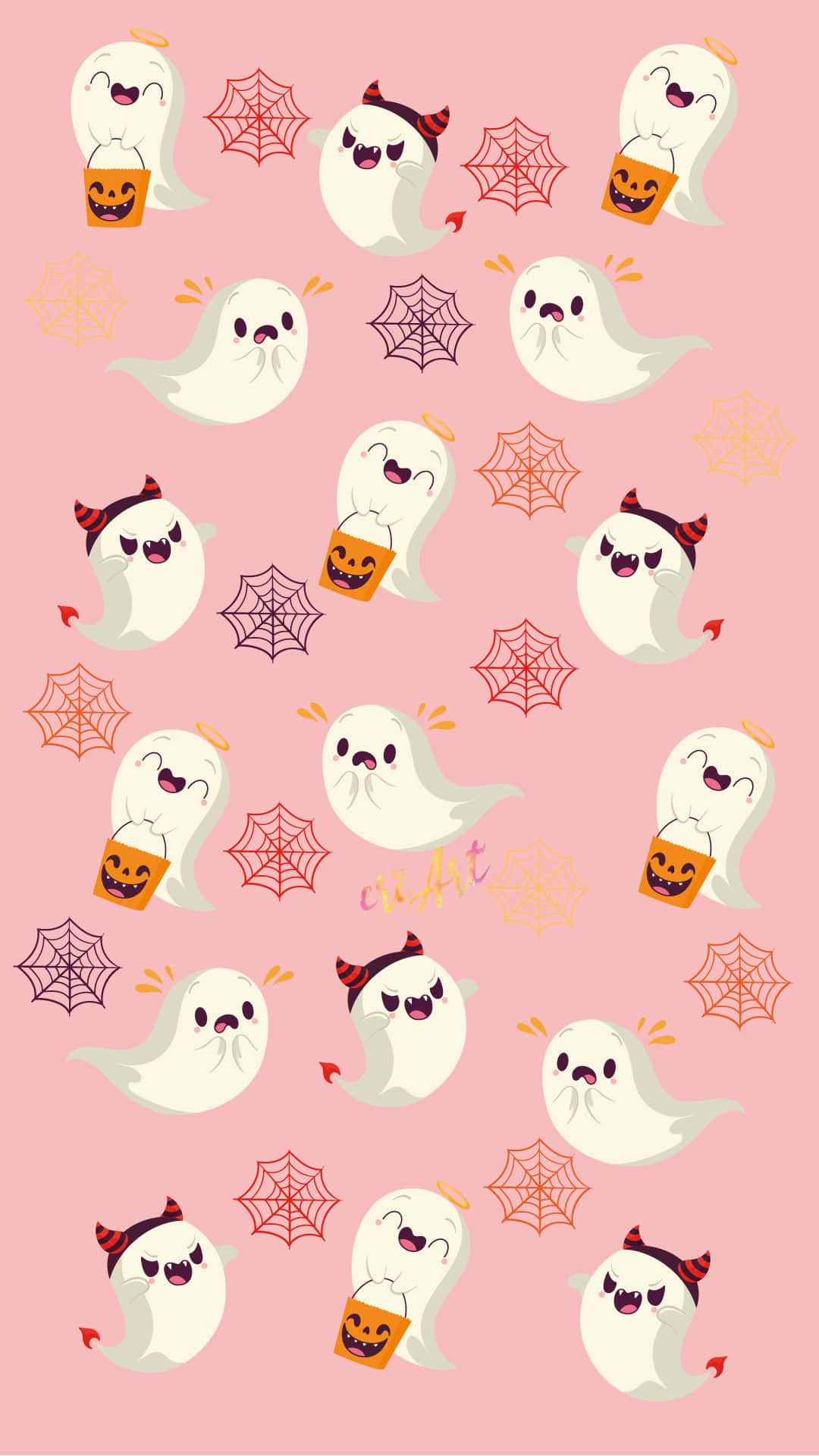 cute witchy trick or treating ghosts, horns, halos, Full HD Phone Wallpaper
