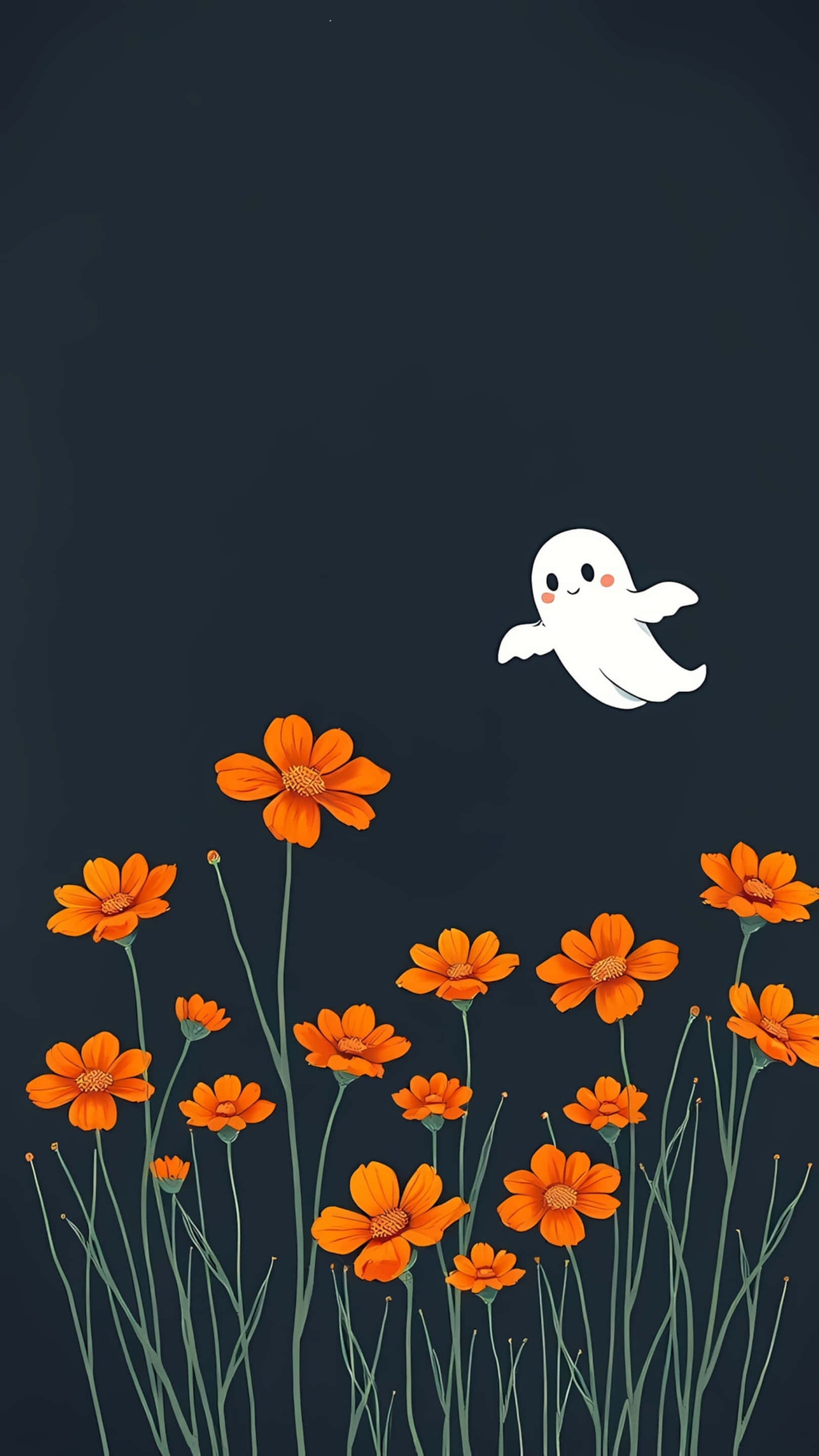 cute tiny ghost, orange flowers, white ghost, 2K Phone Wallpaper