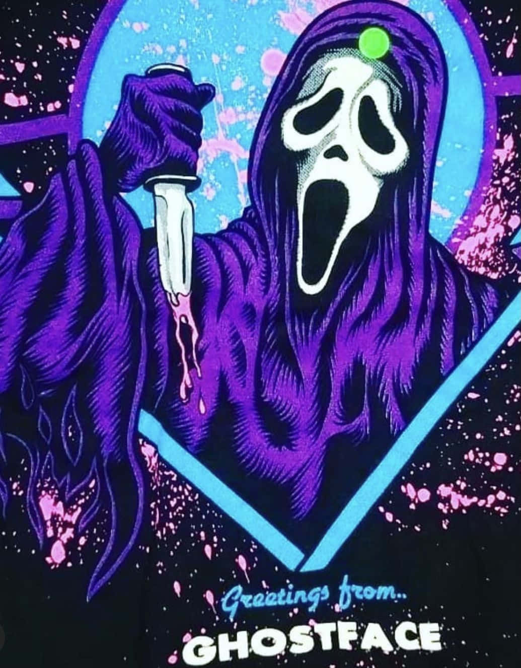 Purple Cute Ghostface, knife, neon blue heart backdrop, HD Phone Wallpaper