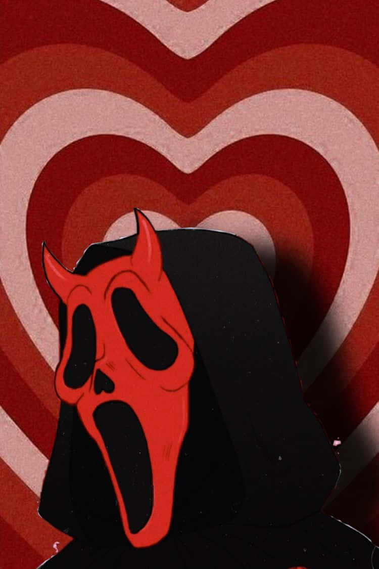 Cute Ghostface, red heart background, red masked figure, SD Phone Wallpaper